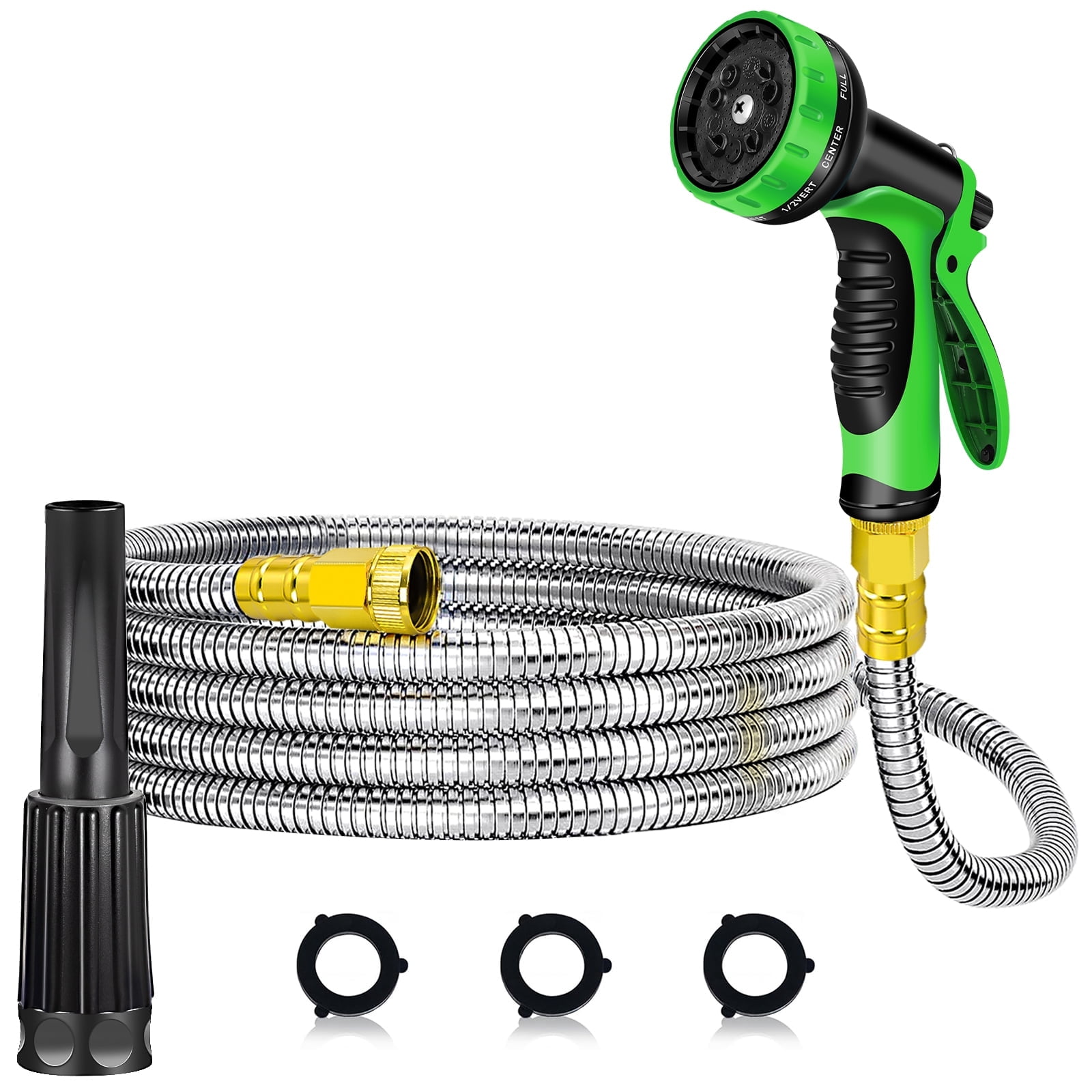 LOVFEN Stainless Steel Garden Hose with 9-Function Spray Nozzle (Silver, 25 ft) u6z3o