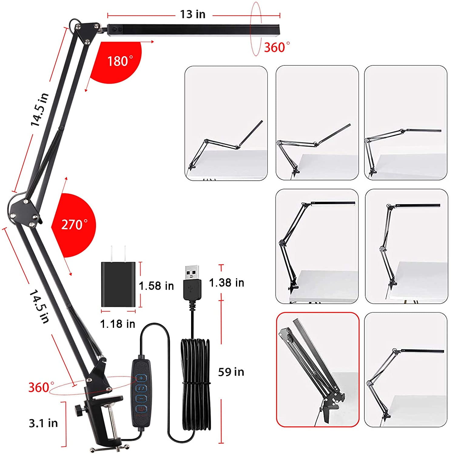 Rirool LED Desk Lamp with Clamp, Adjustable 3 Color Modes & 10 Brightness Levels, Flexible USB Powered Clip Light for Office and Reading (Black) 26ym7