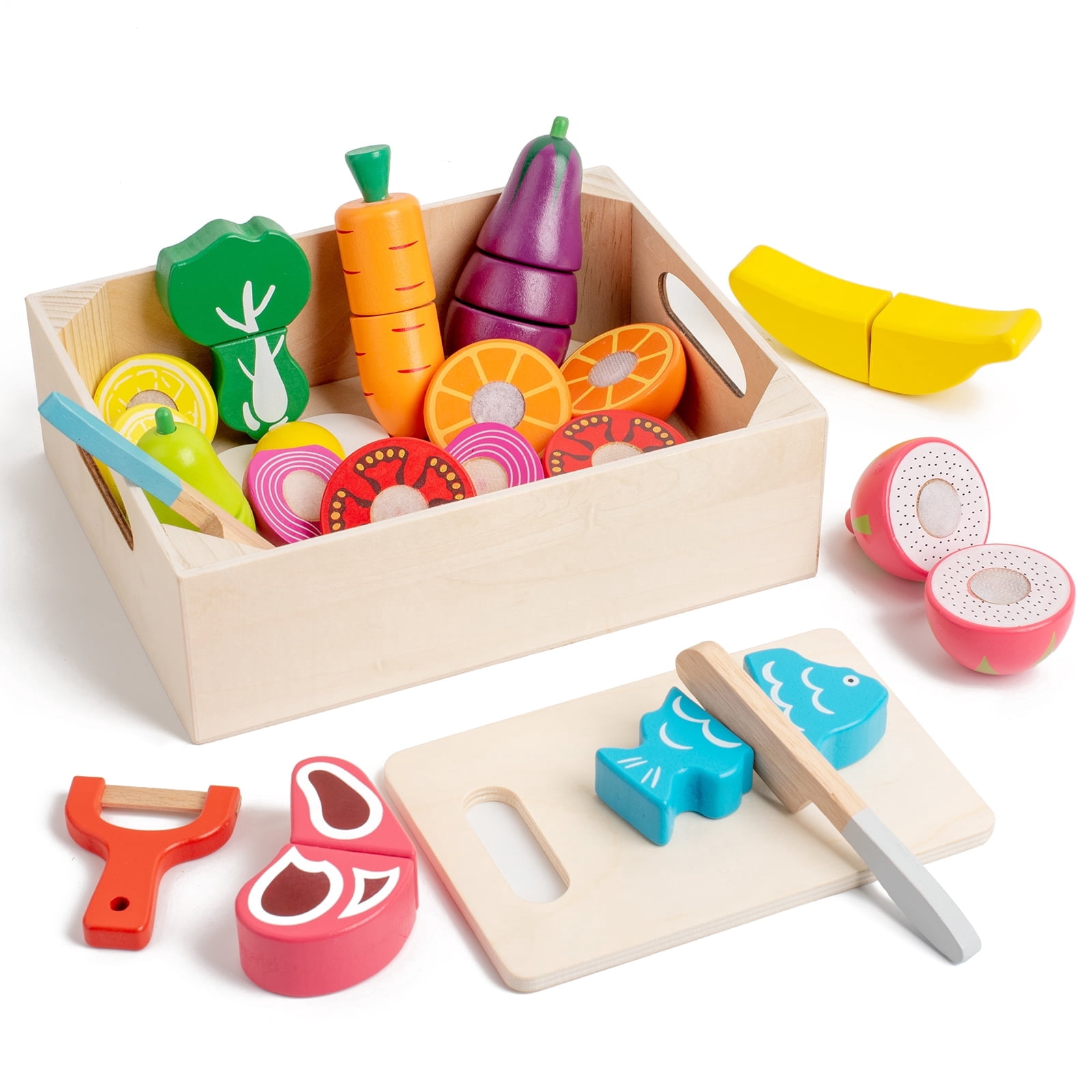 BUSY EDITION Wooden Play Food Set Pretend Kitchen Cutting Toys (32 Pieces) i4gkb
