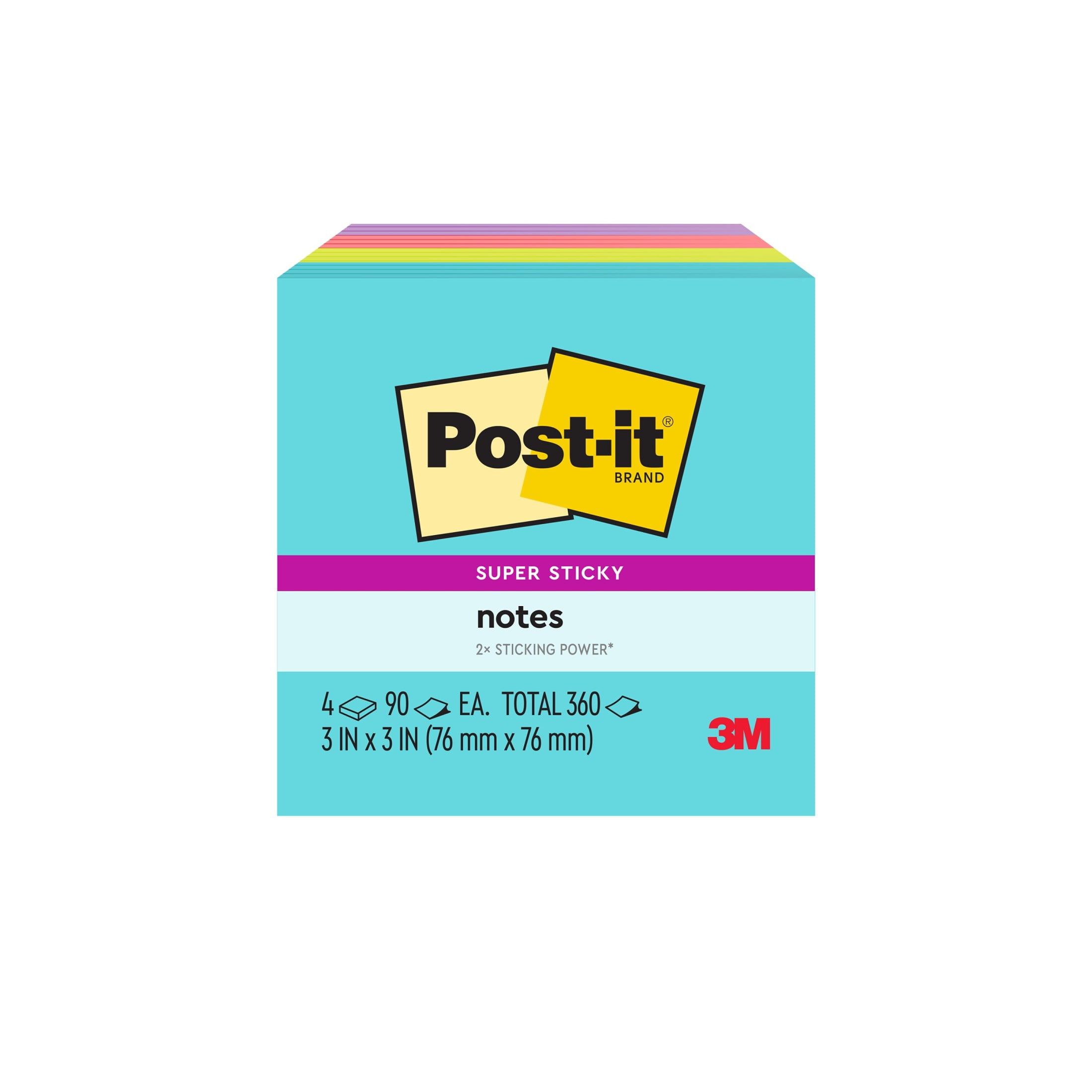 Post-it Super Sticky Notes, Extra Adhesive Reminders for Office and Home (Supernova Neons, 3 in. x 3 in., 4 Pads) r4qby