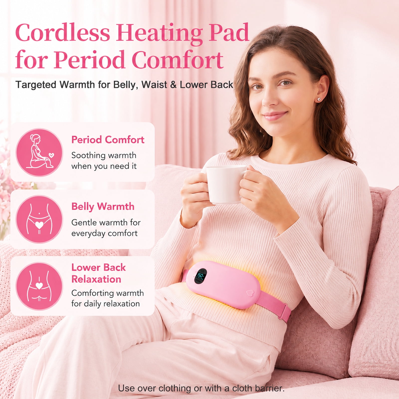 TeSabMi Cordless Heating Pad for Period Cramps, Portable Menstrual Belt with 6 Heat Levels & 6 Vibration Modes (Pink, 25.5 to 55 in) 4pgtx