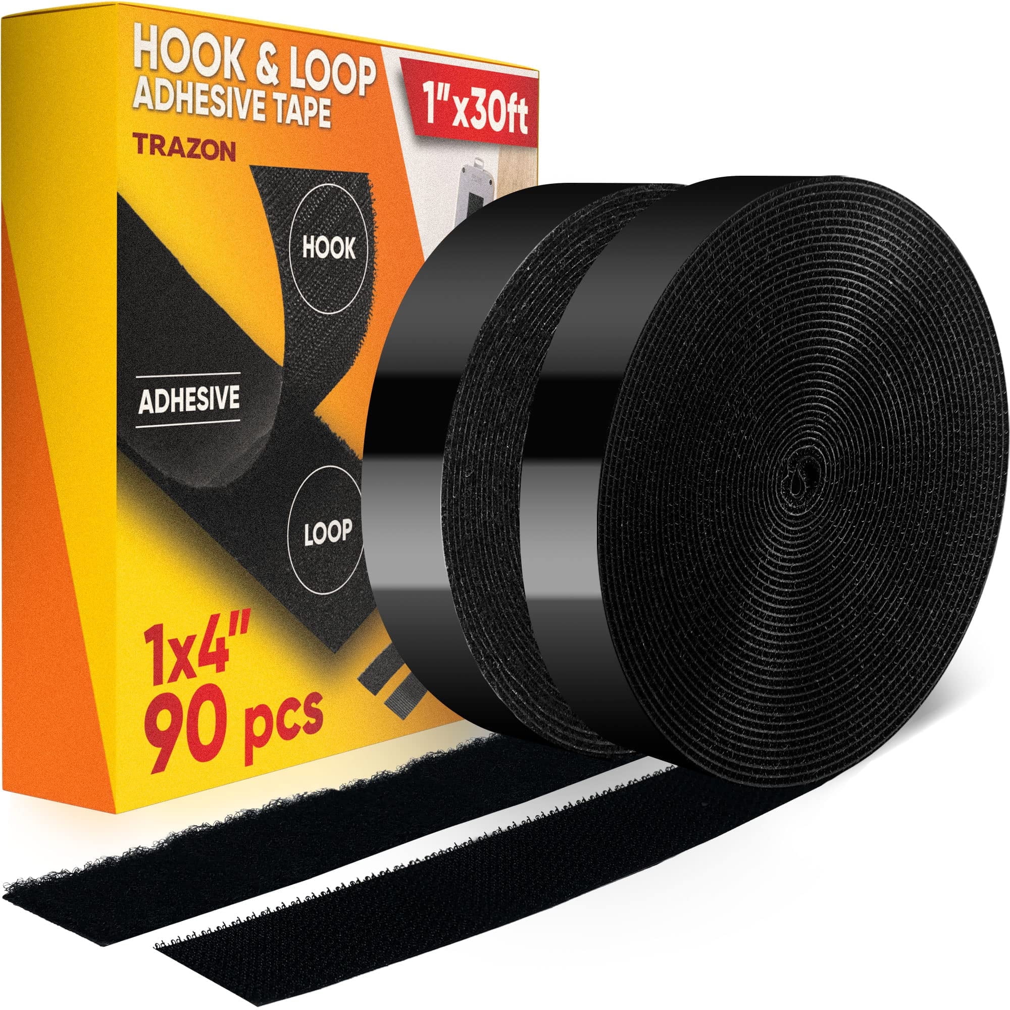 Trazon Hook and Loop Tape Roll, Heavy Duty Adhesive Industrial Strength Fastener Strips (Black, 1 in x 30 ft) jt9ca