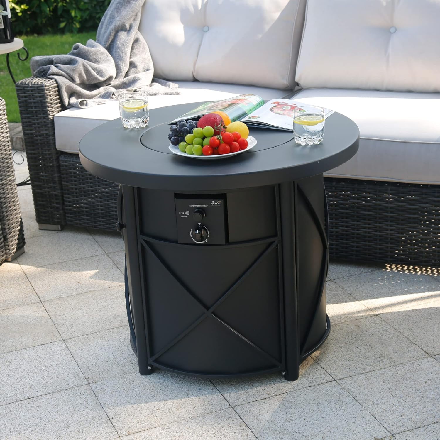 Bali Outdoors 30 in Round Gas Fire Pit Table with 50000 BTU Propane Column for Patio and Backyard (Black) hgdl4