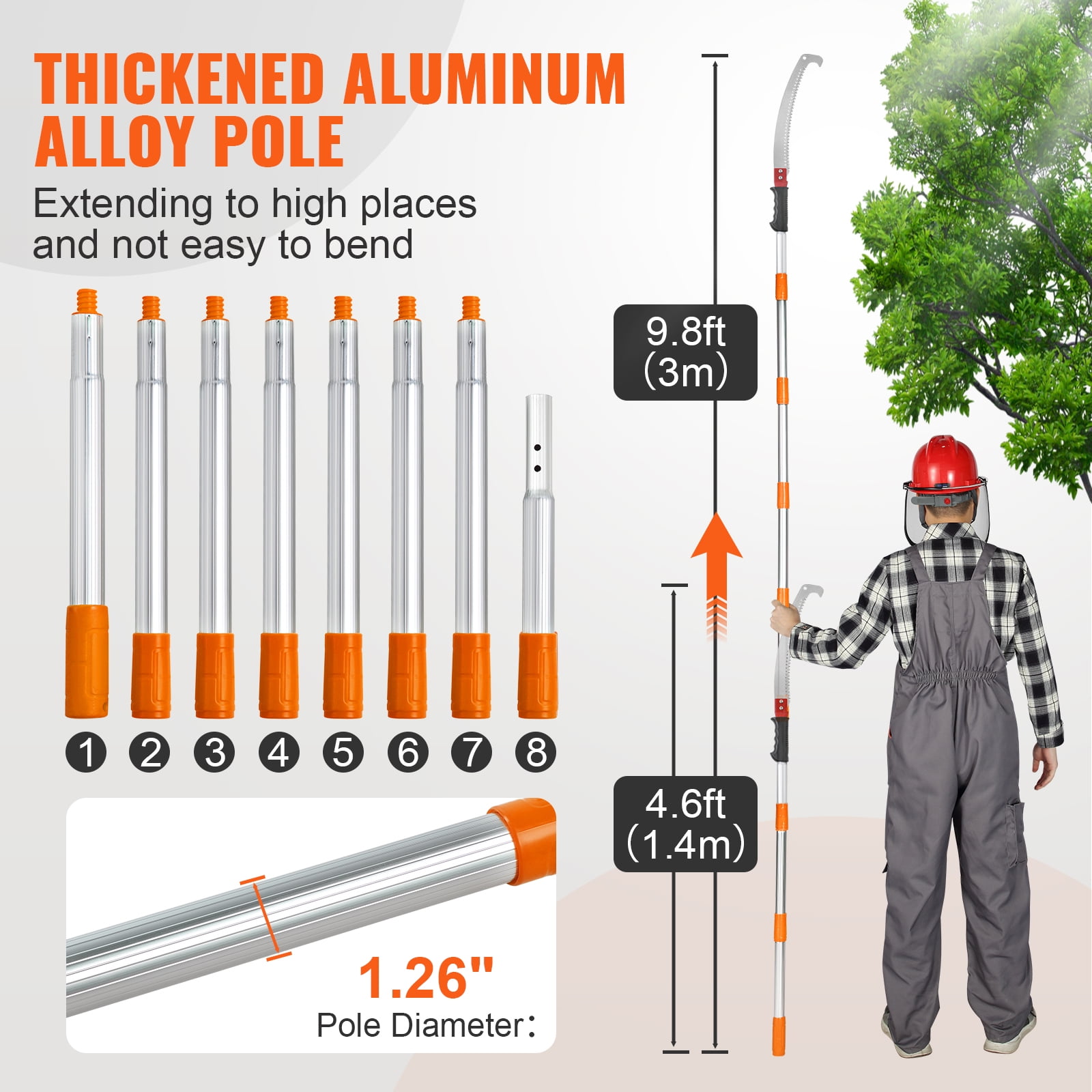 KFFKFF Manual Pole Saw Extendable Tree Pruner (Silver, 4.6-9.8 ft) giv0t
