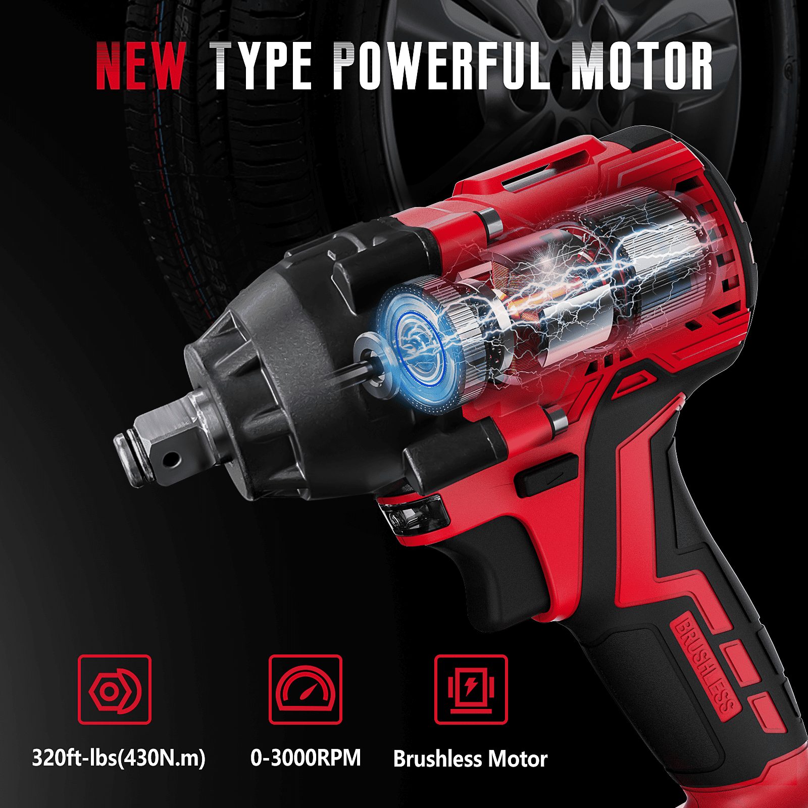 SEYVUM 20V Cordless Impact Wrench Kit, 1/2-Inch Electric Power Tool with 4.0Ah Battery, Fast Charger, 320 ft-lbs Torque (Black, 1 Kit) mmrqi