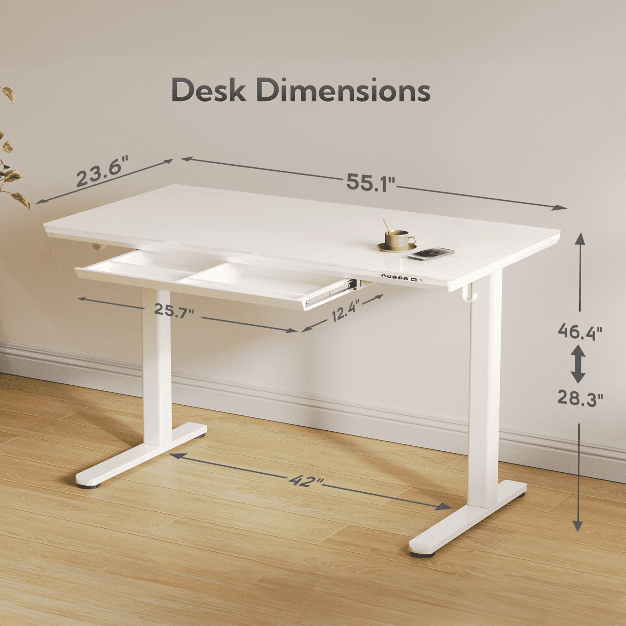 INNOVAR Electric Standing Desk with Wireless Charging and Drawer (55 in, White) mgaia
