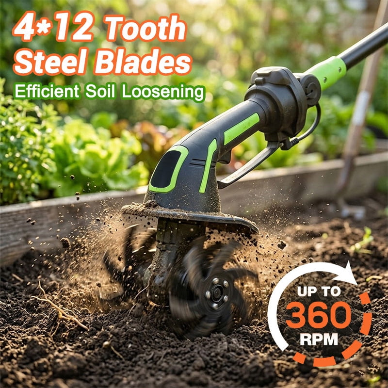 iToolMax 24V Cordless Electric Tiller Cultivator, Lightweight Garden Soil Tiller with Extension Rod, 2 Batteries & Charger (4 in Width, 51 in Length) pt2v9