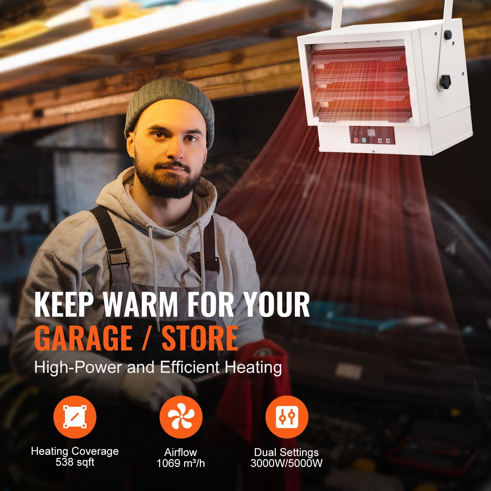 VEVOR Electric Garage Heater, 5000W Digital Space Heater with Remote Control (White, Wall/Ceiling Mount) 27q60 - Image 6