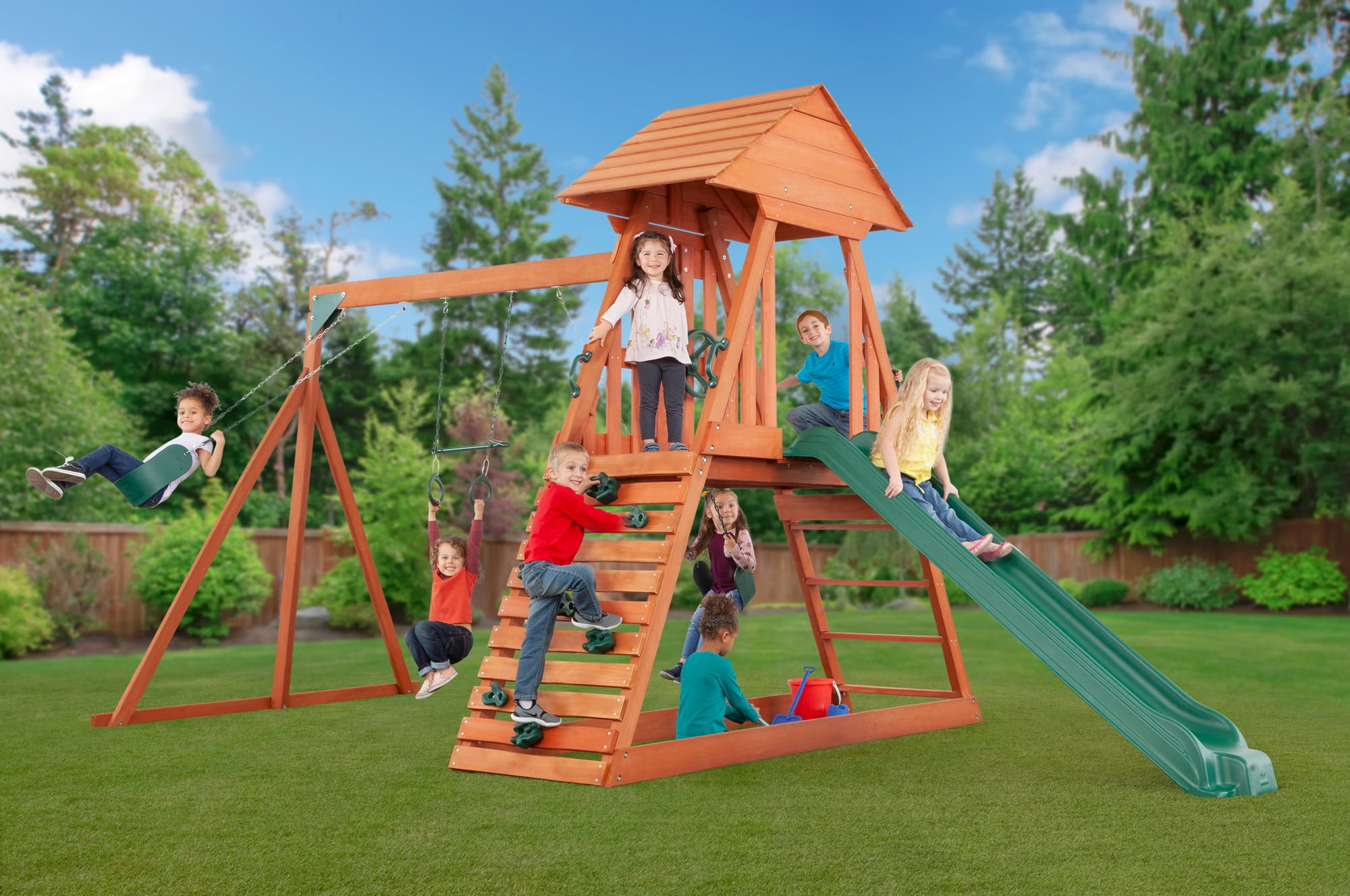 Creative Cedar Designs Cedar Chalet Wooden Swingset (Brown, Residential Outdoor Playset) 8zoi2