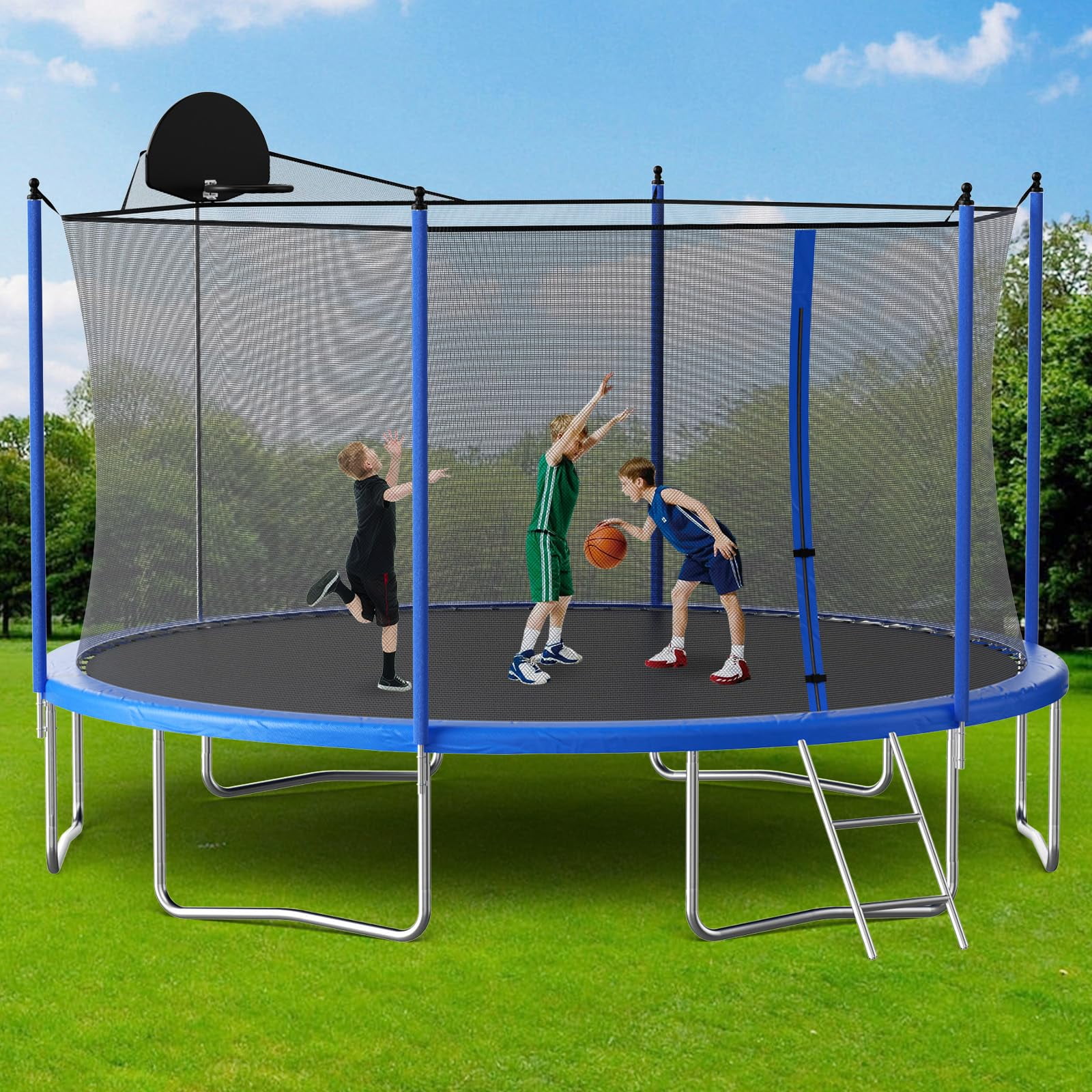 LIZEVINC 12 ft Round Outdoor Recreational Trampoline with Enclosure Net, Basketball Hoop and Ladder (12 ft) mgs95