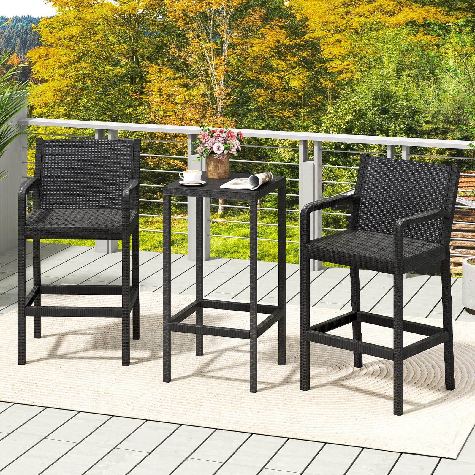 Costway 3-Piece Patio Bar Set with 2 Stools and 1 Bar Table (Black, 3-Piece Set) lf7dt