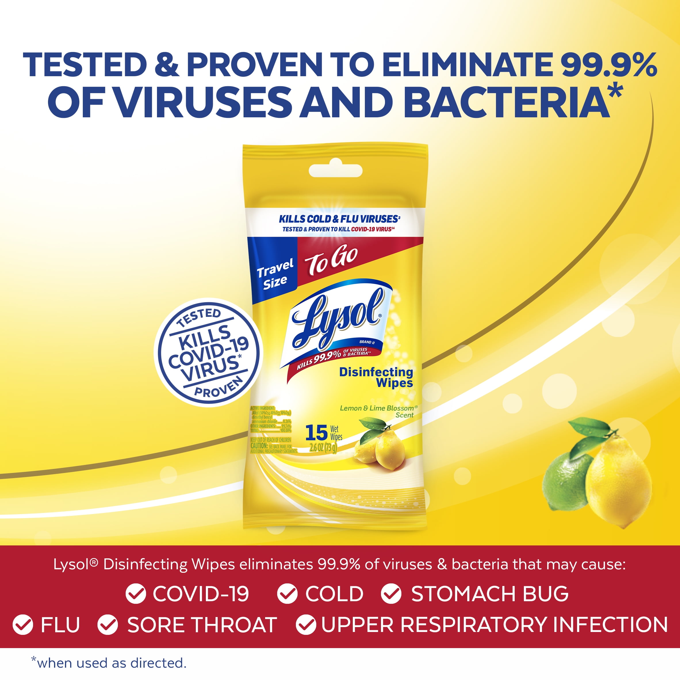 Lysol Disinfectant Wipes, Lemon and Lime Blossom Scent, Travel-Friendly Cleaning (15 Count) hx27r
