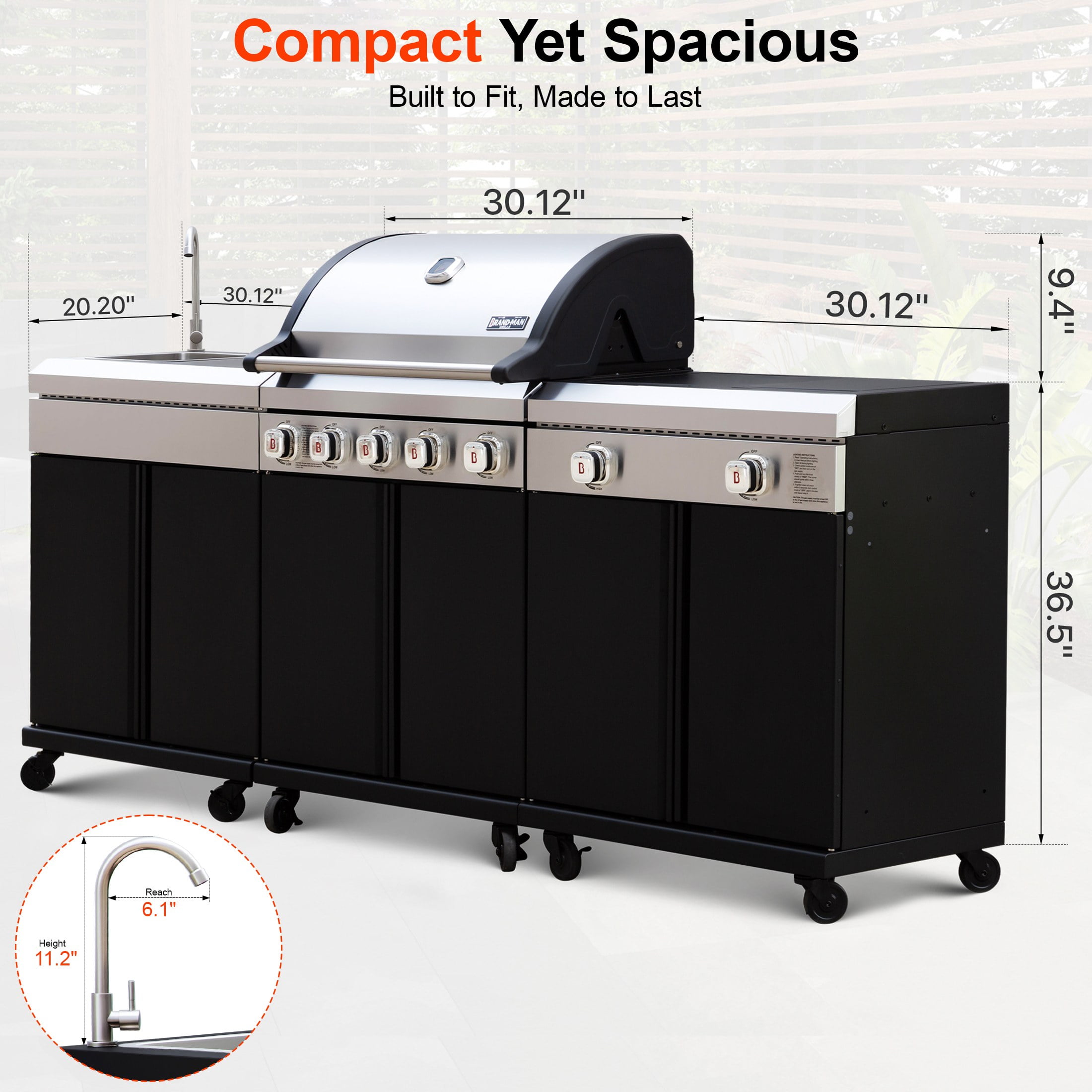 Brand-Man Outdoor Modular Island Kitchen Grill with Sink Station (Black, 90.4 in) bcge2
