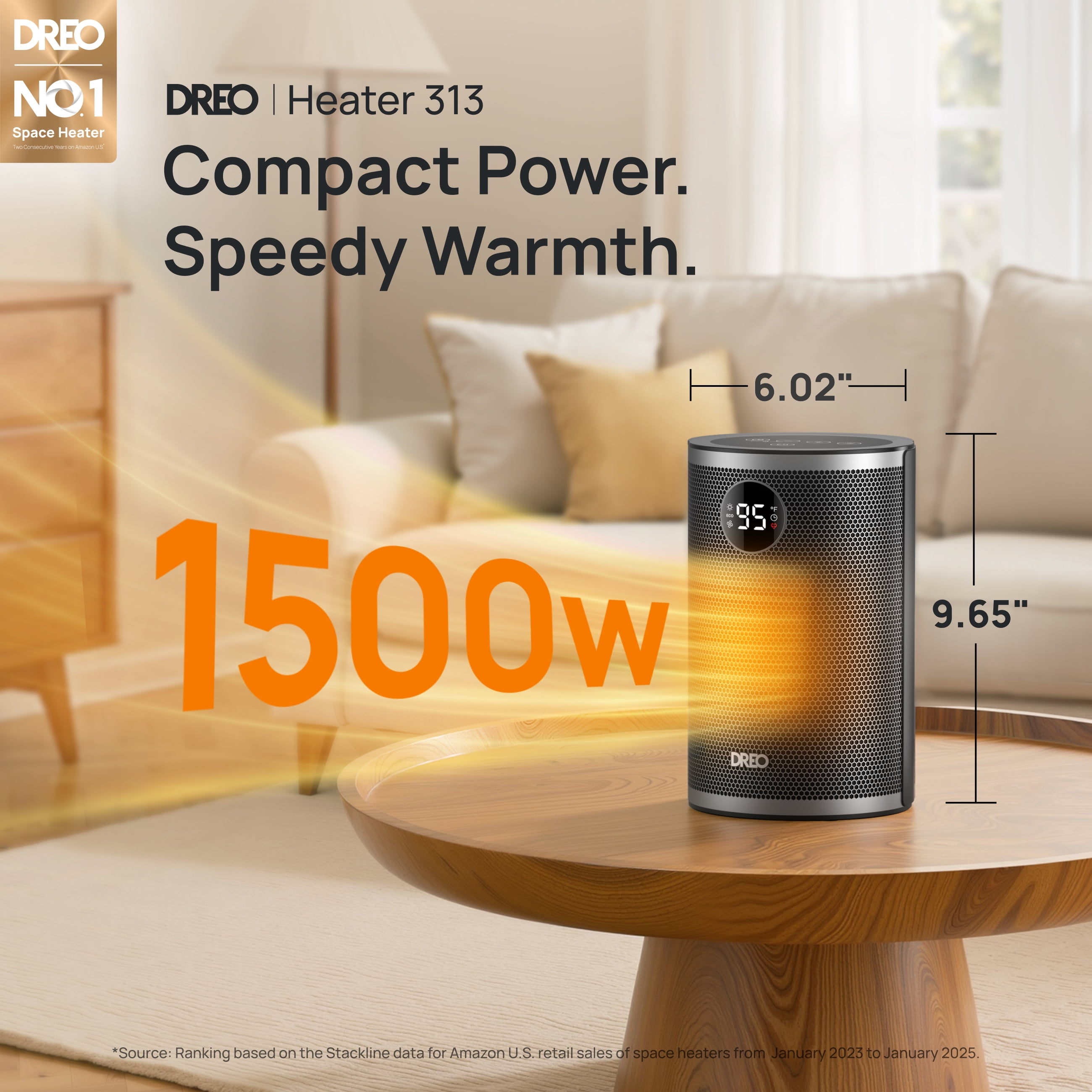 DREO Portable Electric Space Heater, 1500W Fast Heating with Thermal Sensor and Digital Display (Black, 1 Unit) 5wjr9