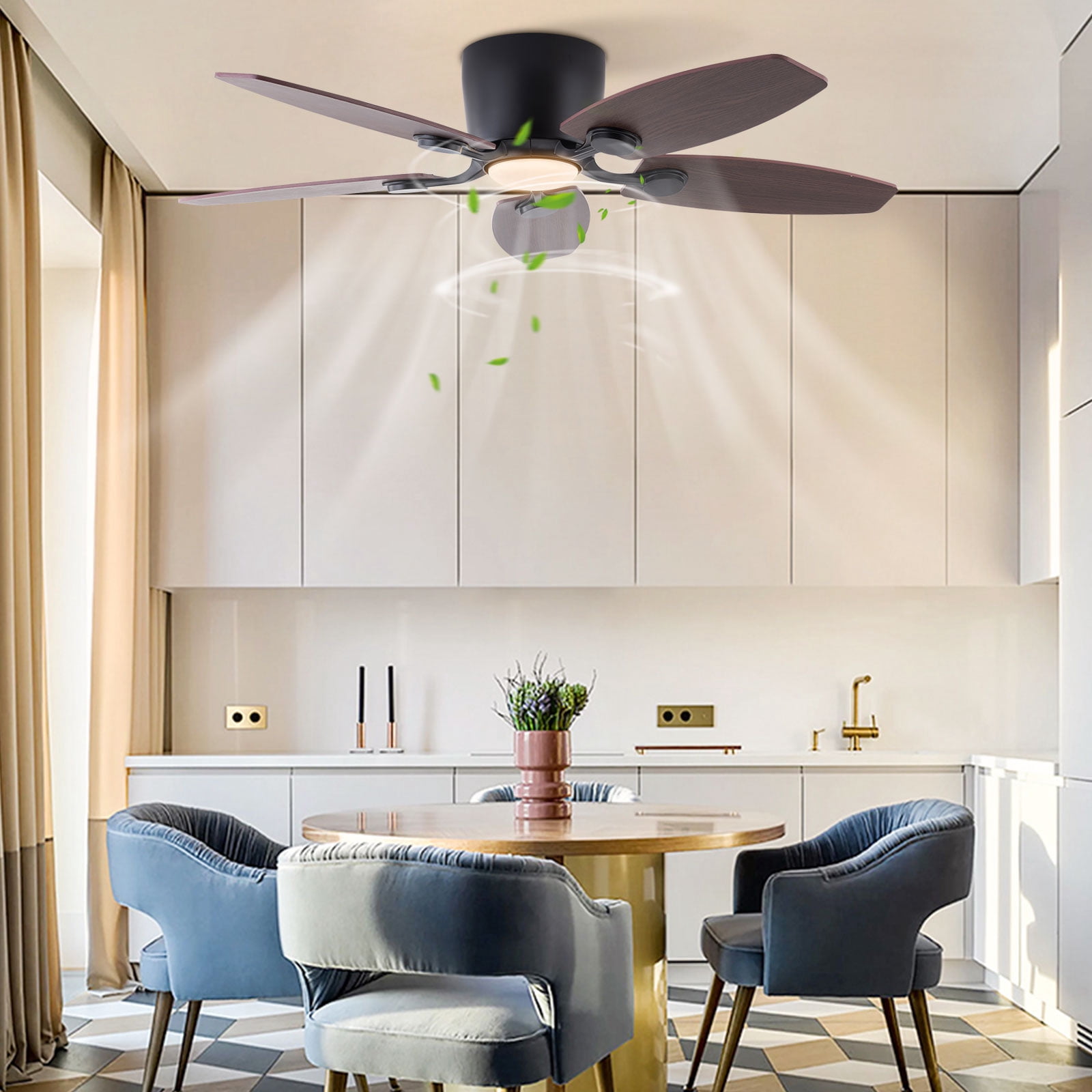TOOL1SHOoo 42 in Farmhouse Flush Mount Reversible Ceiling Fan with LED Light and Remote Control (Brown, 42 in) gox3c