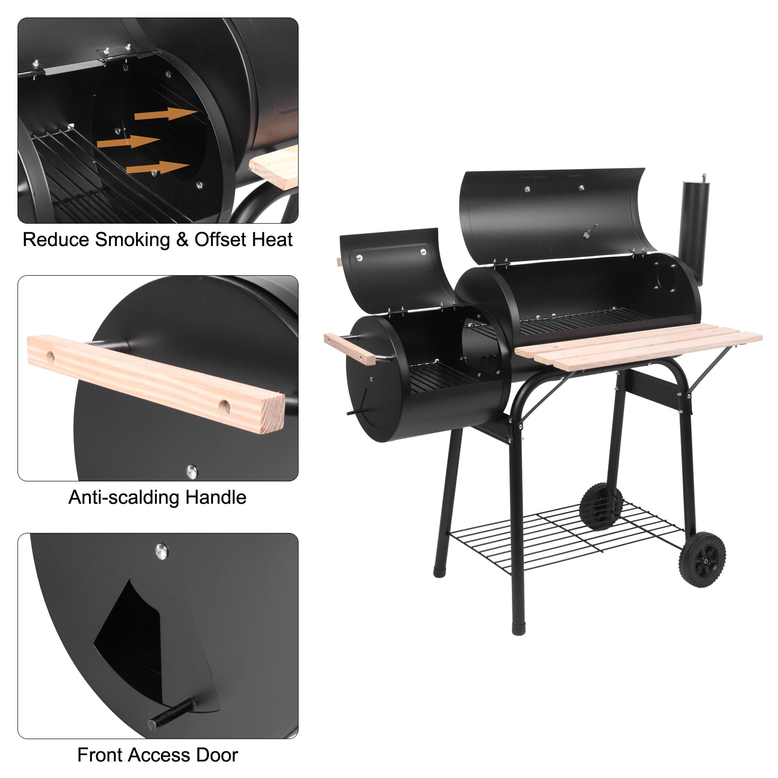 Segmart Portable Charcoal Grill with Temperature Gauge and Wood Shelves (Black, 24.4 in) r51vt
