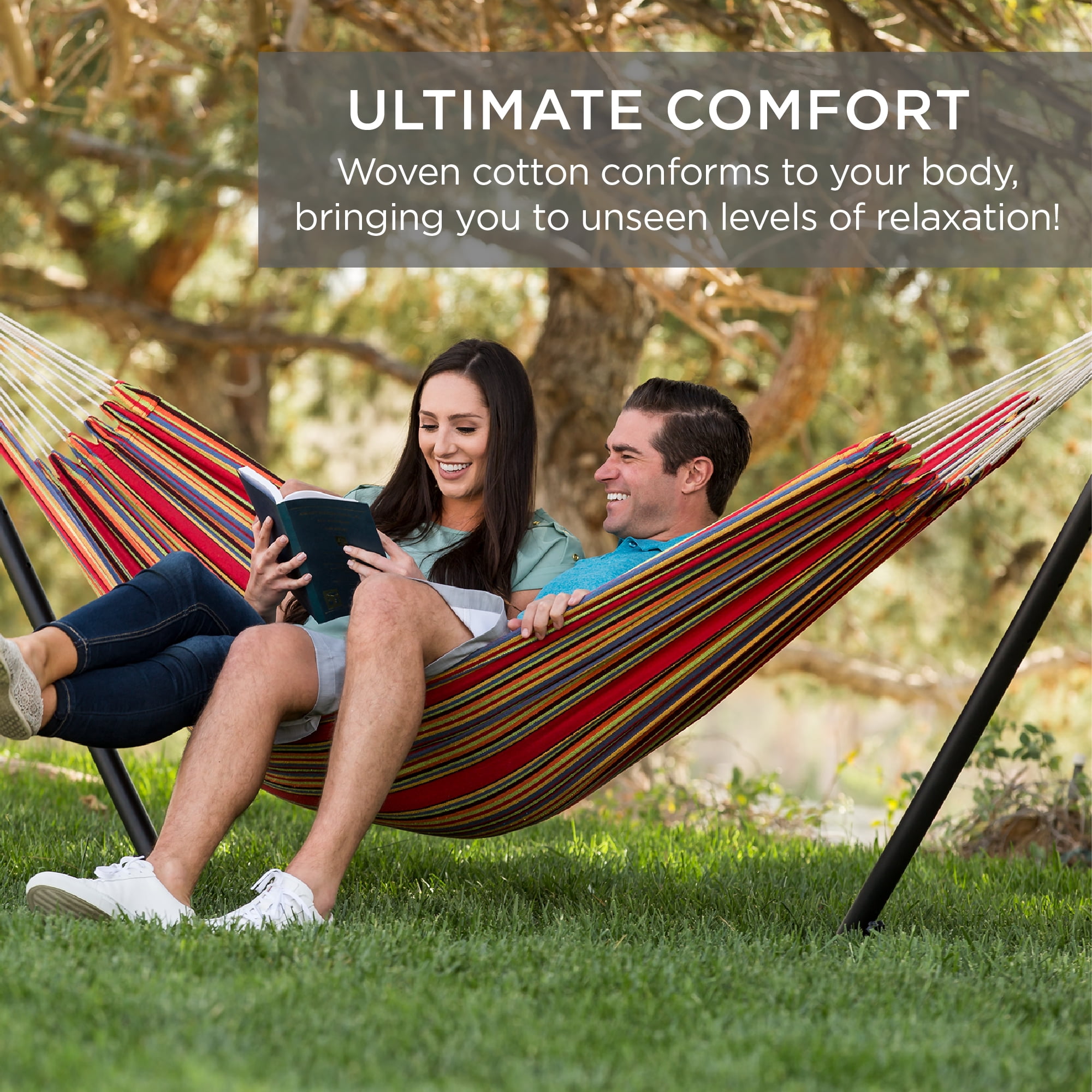 Best Choice Products 2-Person Brazilian-Style Cotton Double Hammock with Stand Set (Blue/Green Stripes, 118.75 in x 48 in x 43 in) fdnpw