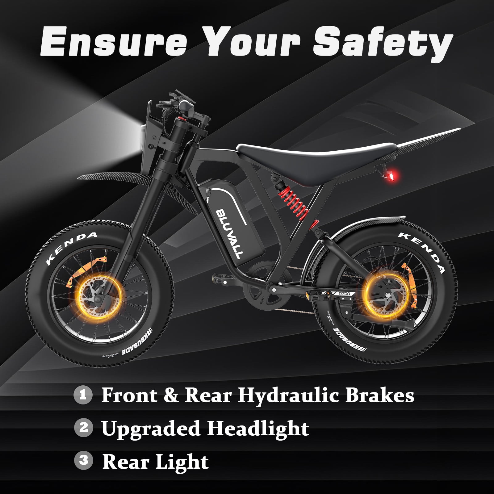 Bluvall 3000W Electric Dirt Bike, All-Terrain Fat Tire E-Motorcycle, Full Suspension & Hydraulic Brakes (Black, 20 in) 7y1ky