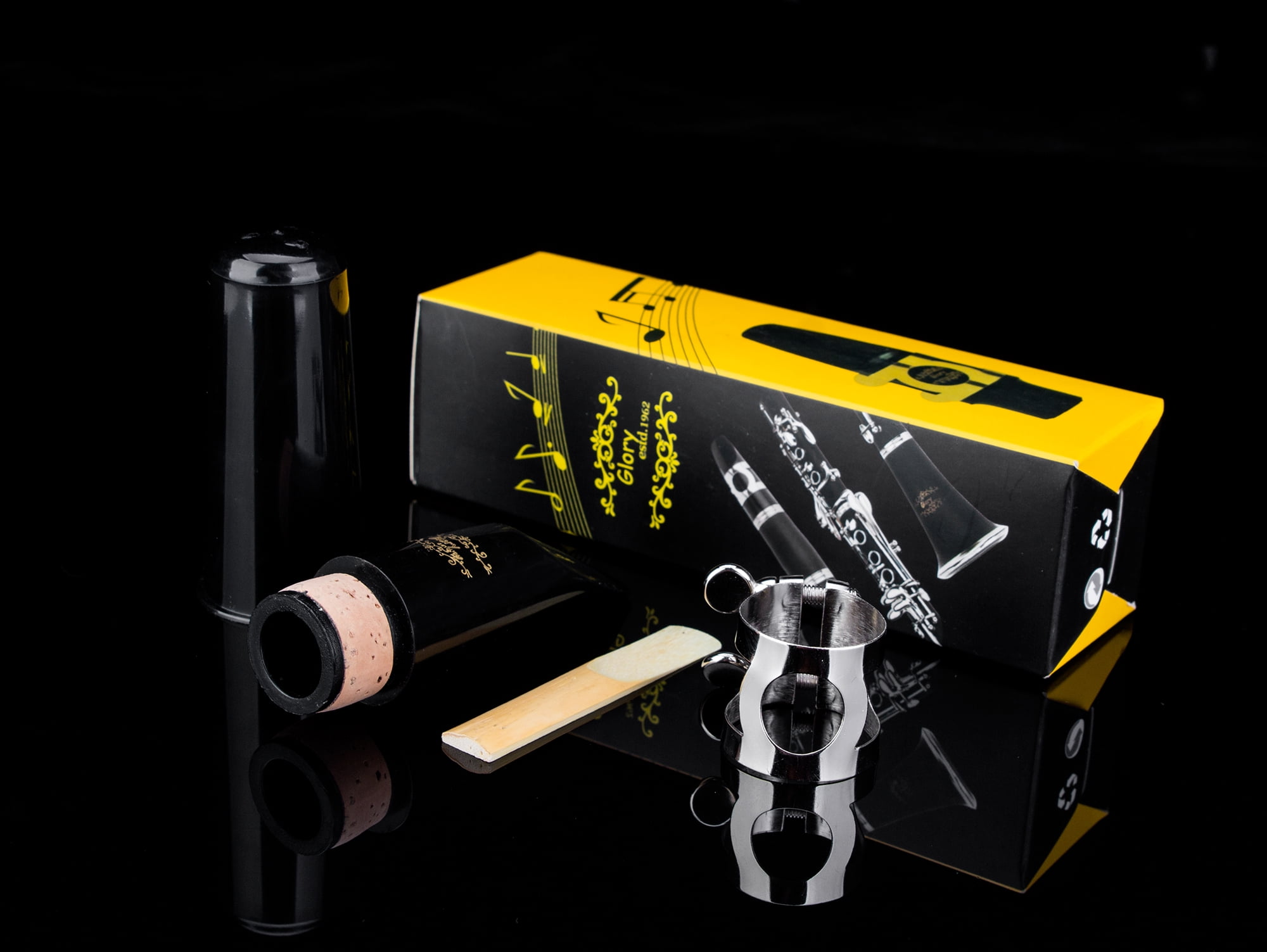 GLORY Clarinet Mouthpiece Kit with Ligature, Reed, and Cap (Black, Standard Bb) 7mavo