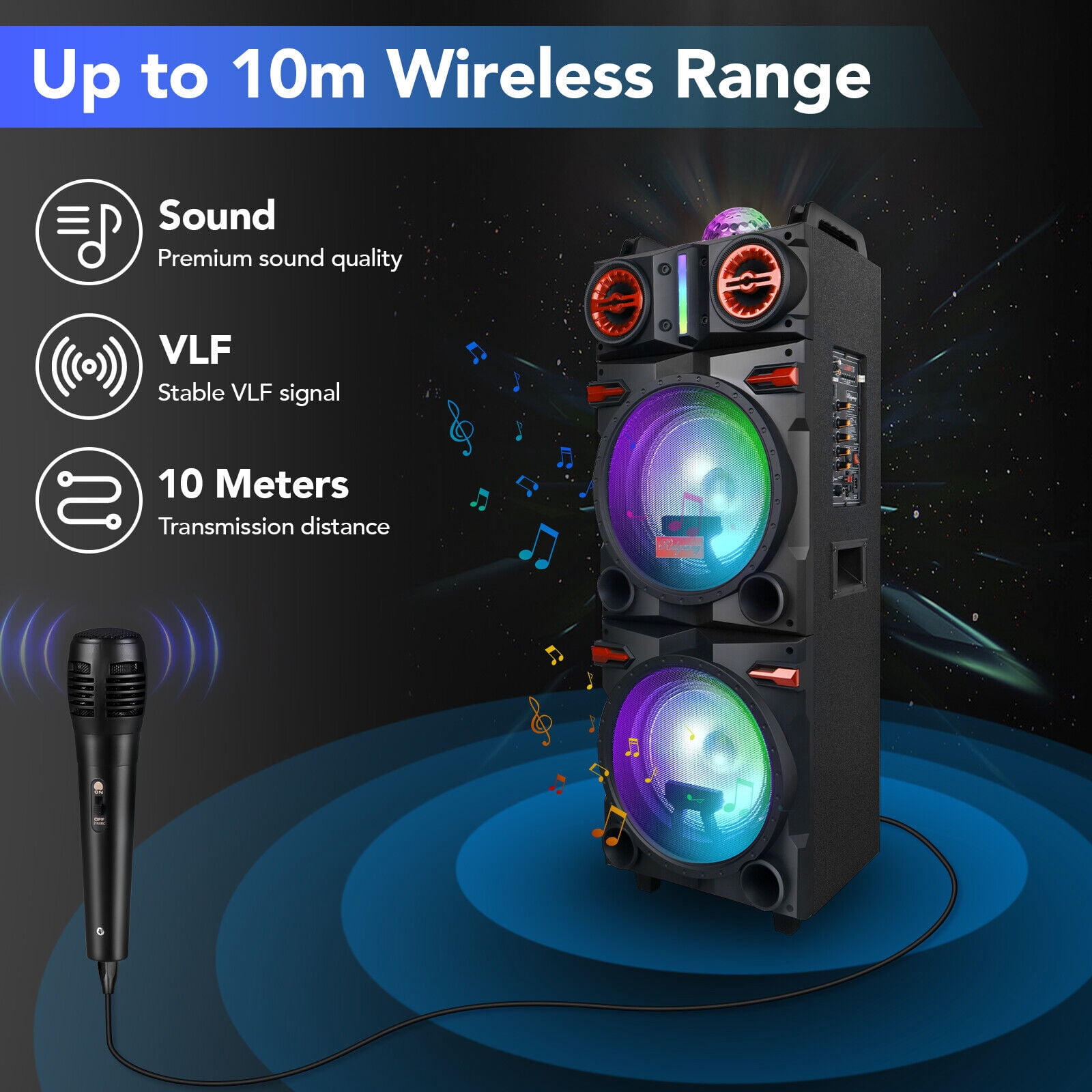 CURUK Dual 10 in Bluetooth Party PA Speaker System with LED Lights, Karaoke Mic, and Remote (Black) dcvev