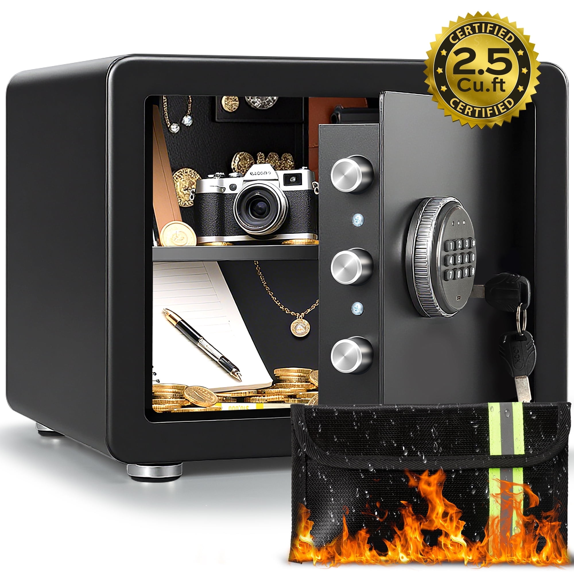 Locksworth Large Digital Security Safe Box with Dual Alarm System and Fireproof Bag (Black, 2.5 cu ft) o2rfi