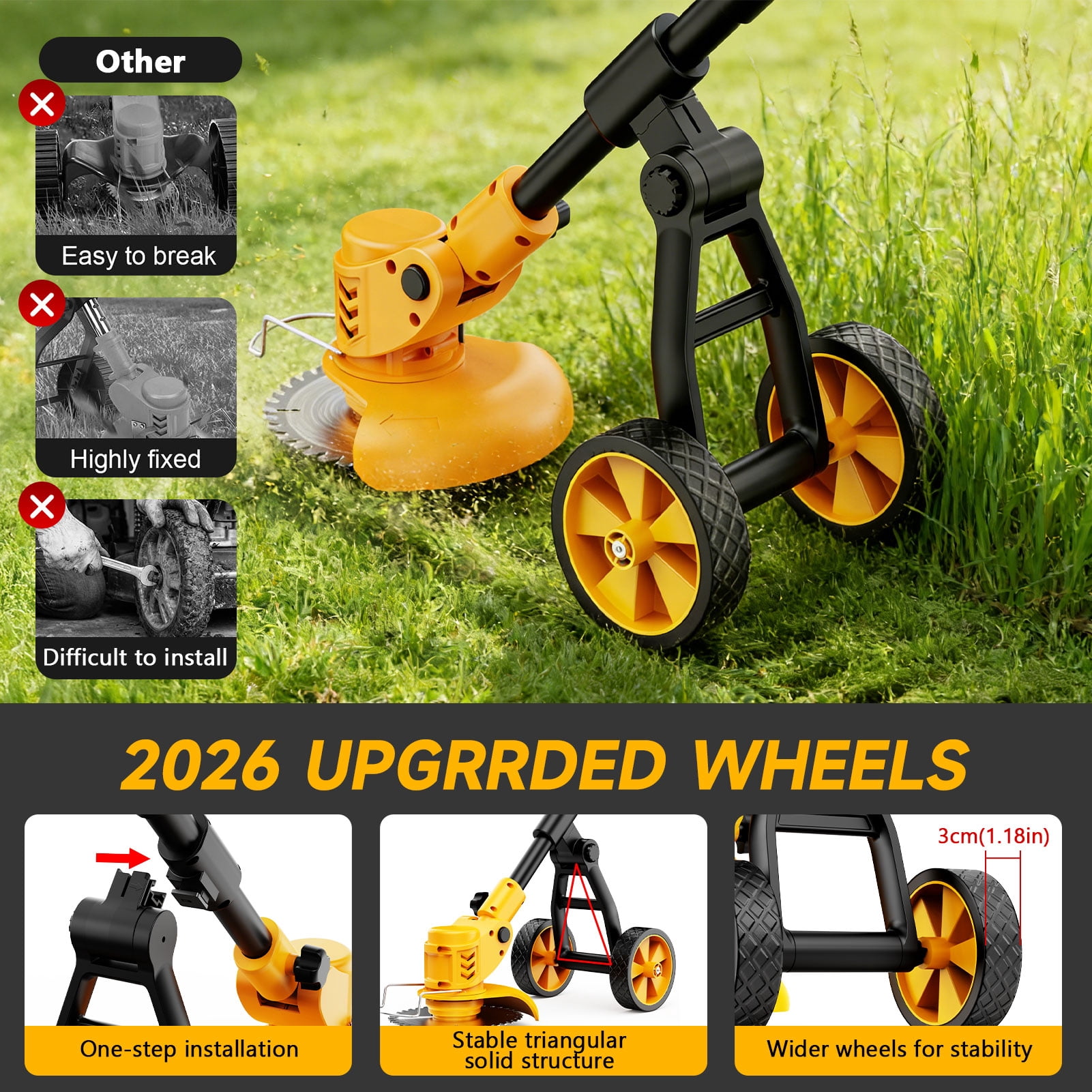 Lemolifys Cordless Electric Grass Trimmer with Wheels and 3 Blades (Yellow, 6 in) ocaa6