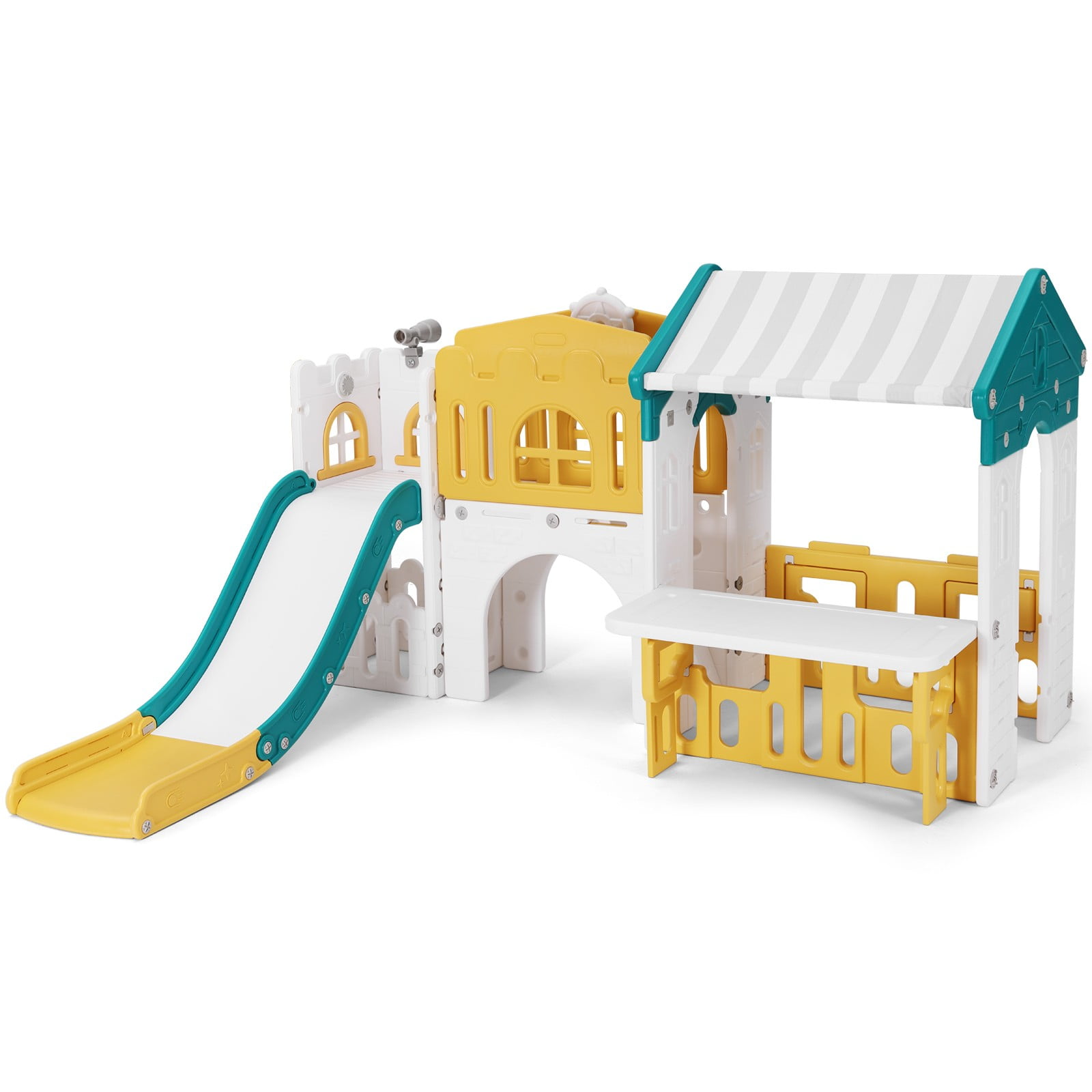 Joyldias 9-in-1 Toddler Slide and Playhouse Playset with Basketball Hoop and Climbing Ladder (Green, Yellow, White) k0fc2