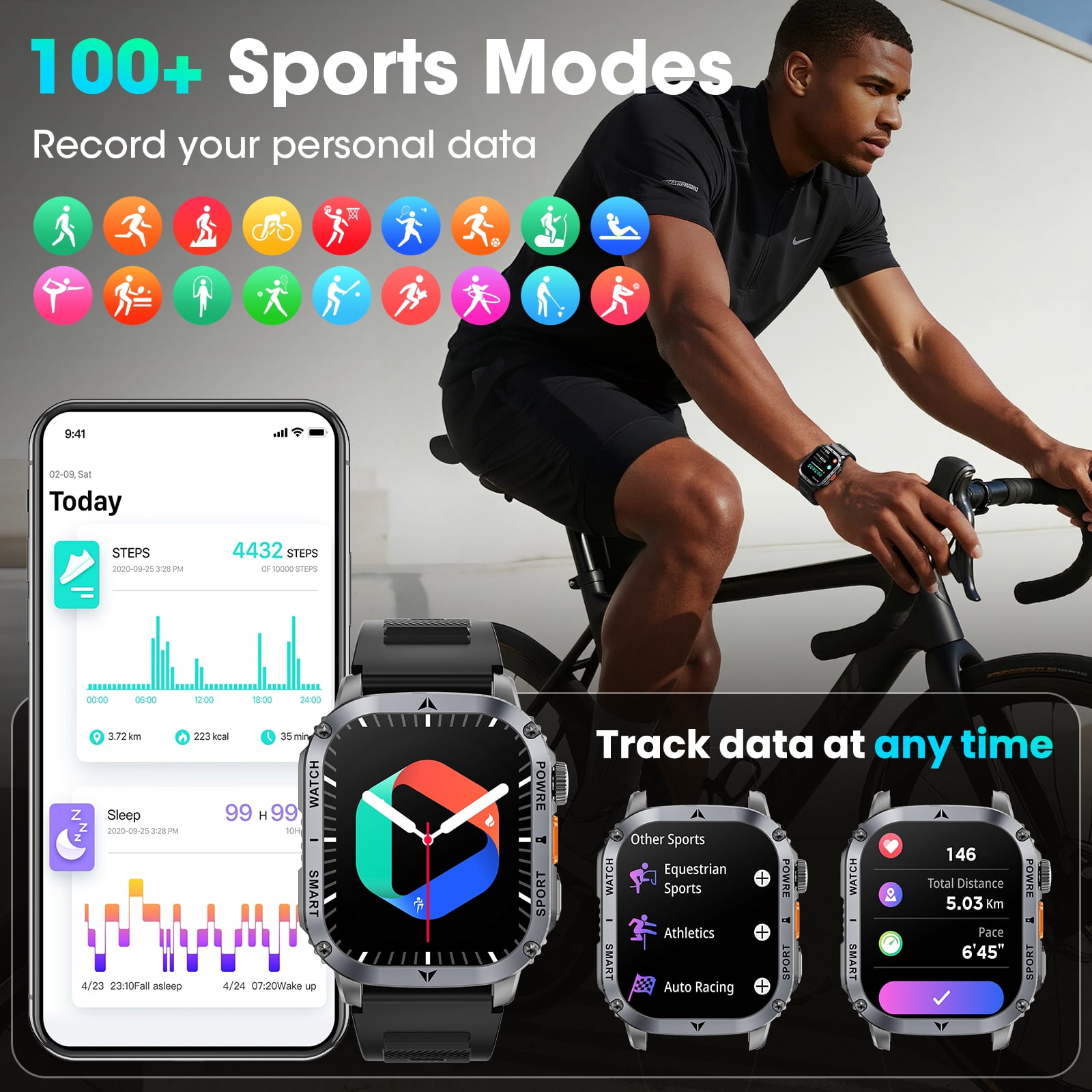 Haulvean Military Smart Watch for Men, Bluetooth Calling Fitness Tracker with 100+ Sport Modes and IP68 Waterproof Rating (Black, 2.01 in) op5xm