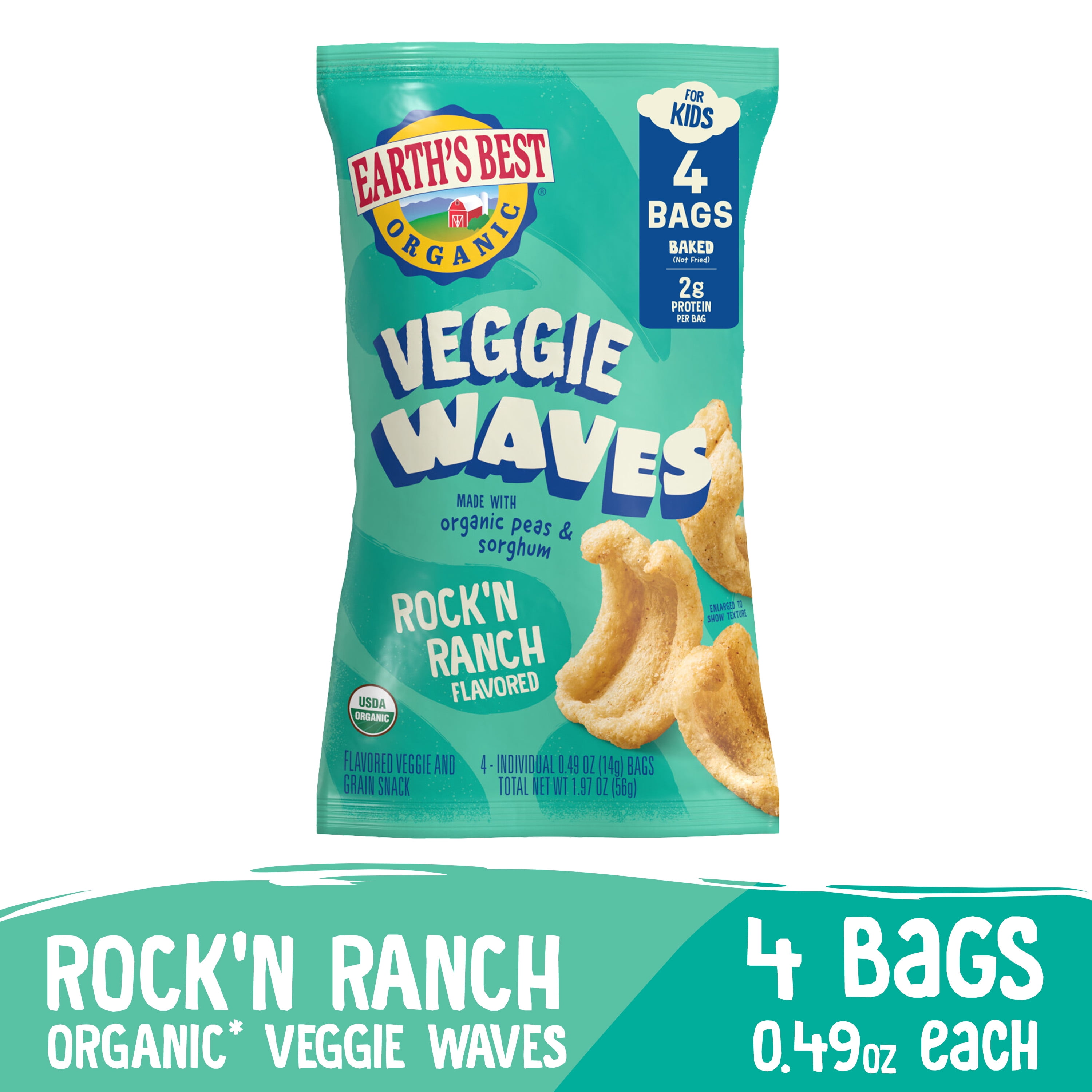 Earth's Best Organic Veggie Waves Snack, Non-GMO Rock'N Ranch Flavored (4 Pack, 0.49 oz) pvati