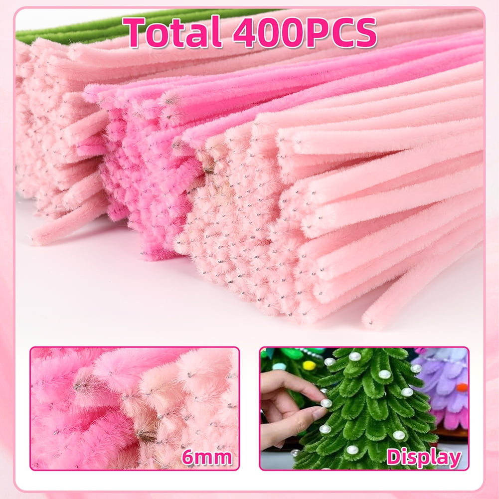 Yucurem Pipe Cleaners Craft Kit for DIY Flower Making, Chenille Stems with Floral Wires and Ribbon (Pink, 400 Pieces) rehc5