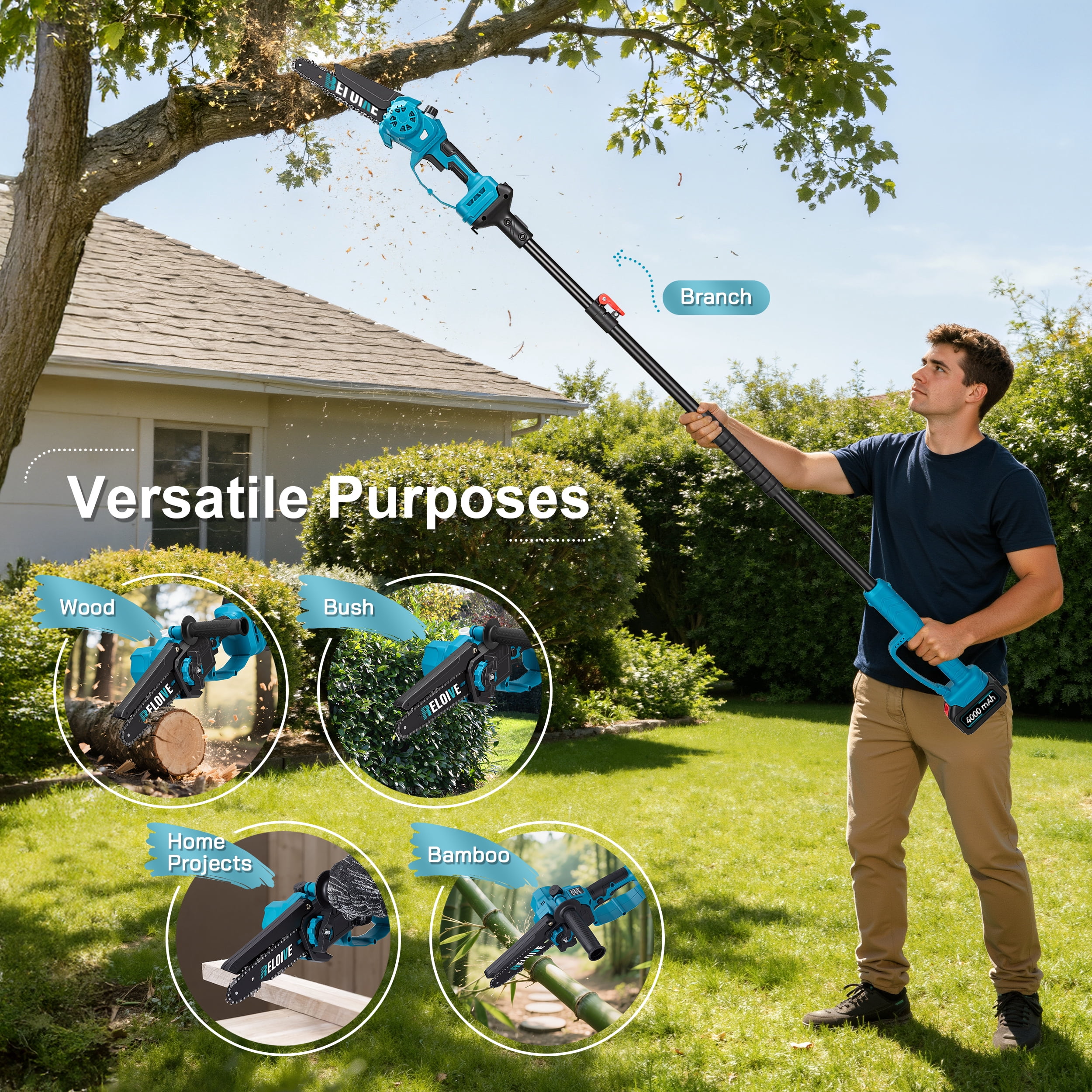 RELOIVE 3-in-1 Cordless Pole Saw and Mini Chainsaw Set, Telescoping Branch Cutter (4.9-6.8 ft, 2 Batteries) bfvpx