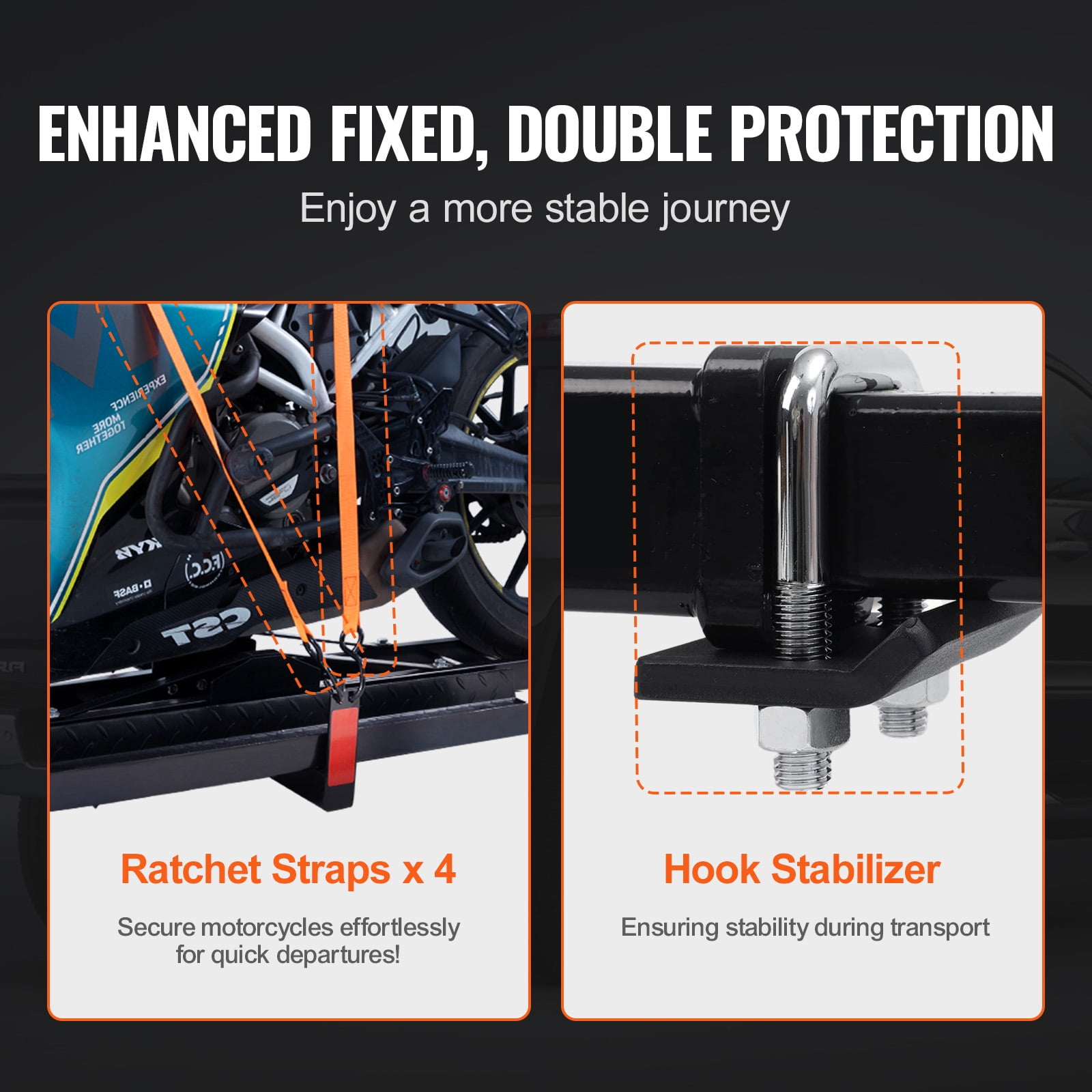 KFFKFF Steel Motorcycle Hitch Carrier, Heavy-Duty Transport Rack with Loading Ramp, Tie-Down Straps & Stabilizer (600 lb Capacity, 2 in Hitch Receiver) 5k3ry