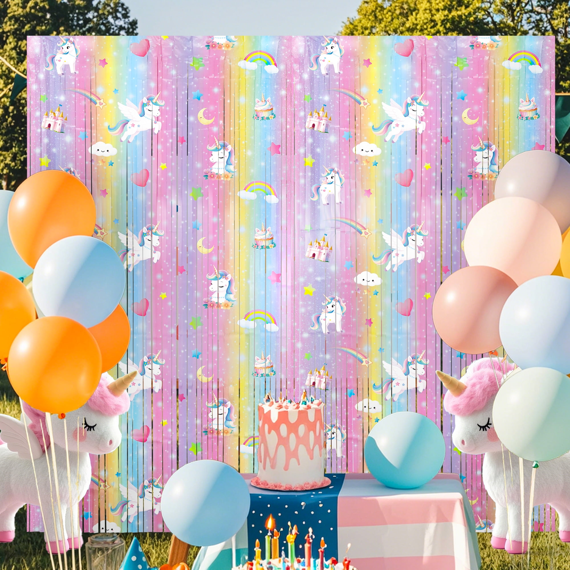 Sinekong Unicorn Tinsel Foil Fringe Curtains, Pastel Rainbow Party Backdrop (2 Pack, 3.3 ft x 6.6 ft) njl2w