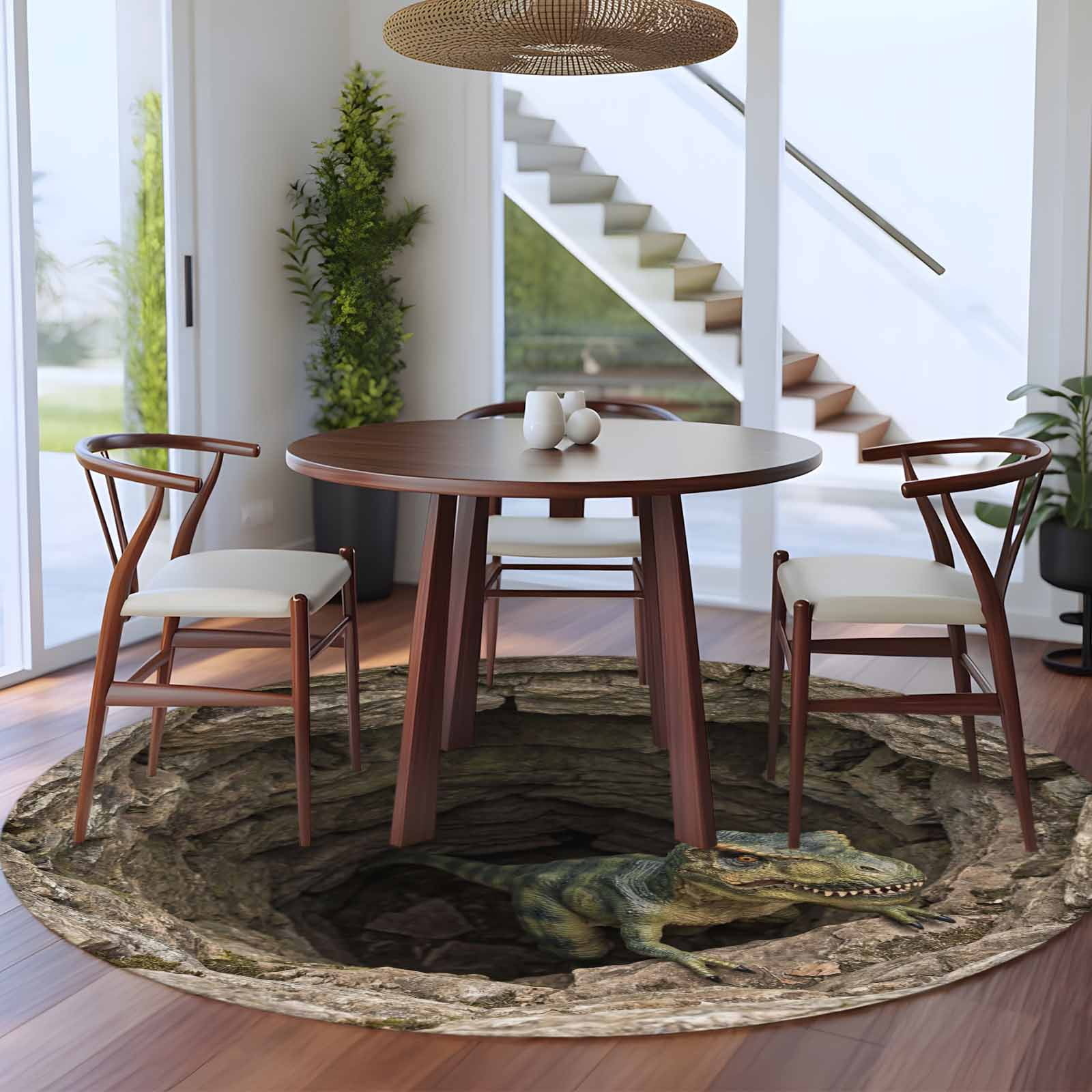 Jacekidy Dinosaur 3D Realistic Cave Area Rug, Non-Slip Machine Washable Indoor Outdoor Floor Mat (Green, 8 ft Round) 9xj1t