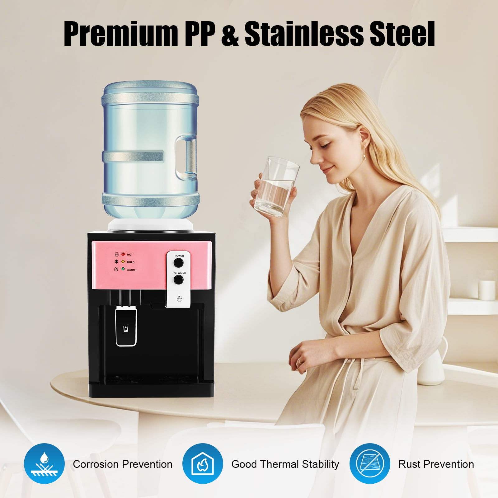 Generic Water Dispenser Top Loading Countertop Water Cooler with Hot and Cold Temperature Settings (Pink, 5 gal) 5cf33