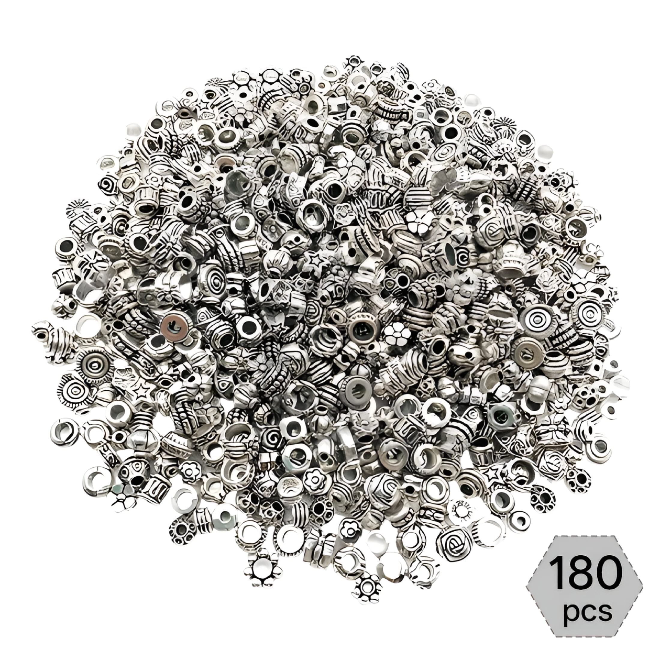 Designice 180Pcs Jewelry Making Spacer Beads, Vintage Silver Plated Large Hole Beads for Bracelets (180 Count) 32xtw