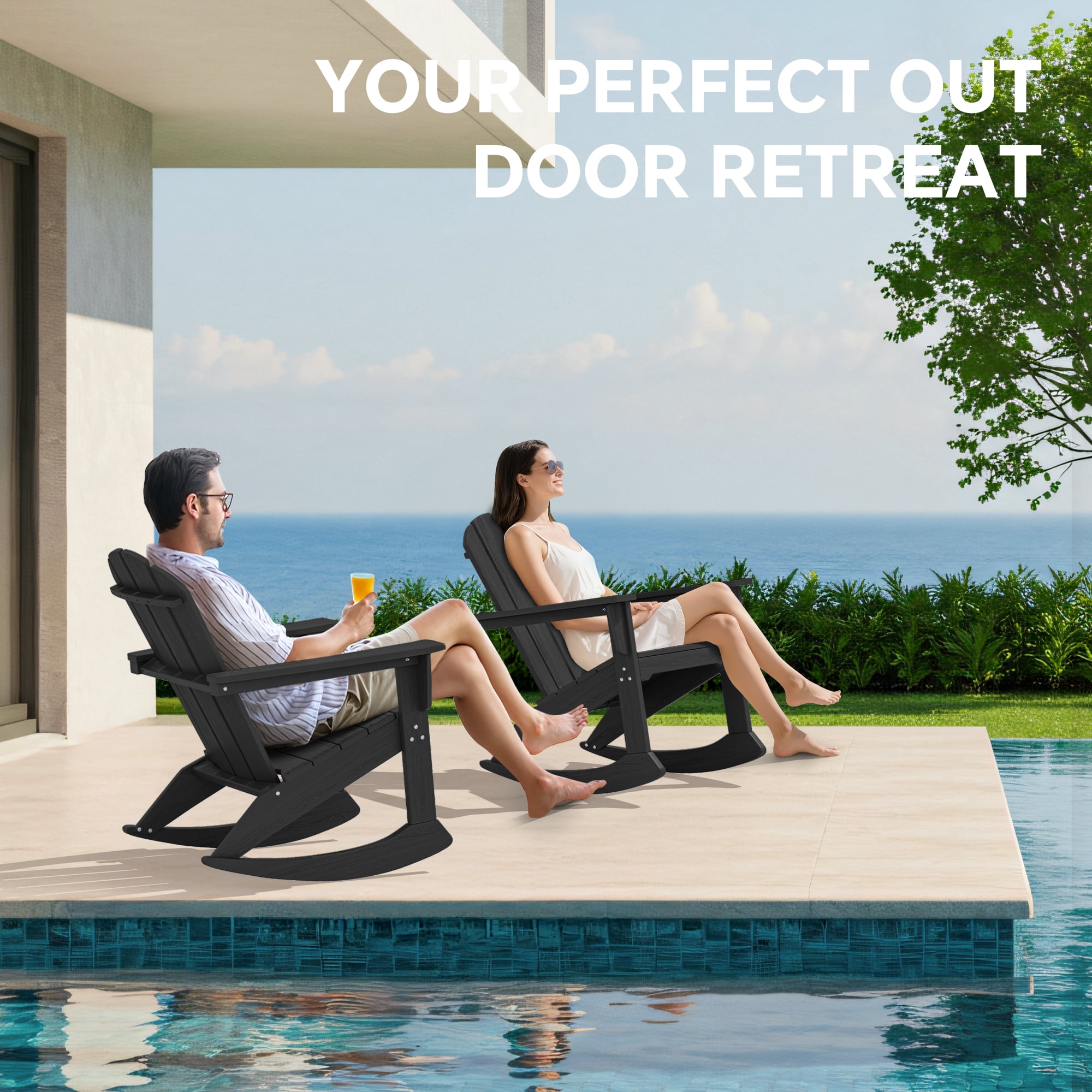 SERWALL Adirondack Rocking Chair, All-Weather HDPE Outdoor Patio Porch Rocker (Black, 33.46 in D x 28.94 in W x 38.19 in H) 8hgya