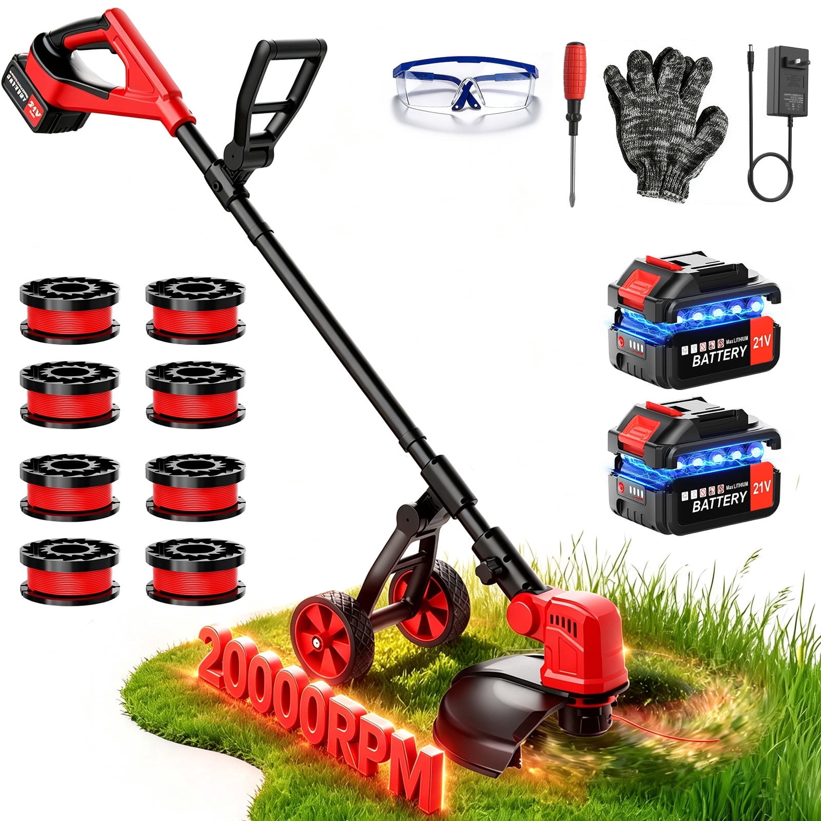 Tanbaby Cordless Weed Eater, Brushless Motor Grass Trimmer with 12-inch Cutting Path, 2 x 3.0Ah Batteries (Red, 12 in) acmsi