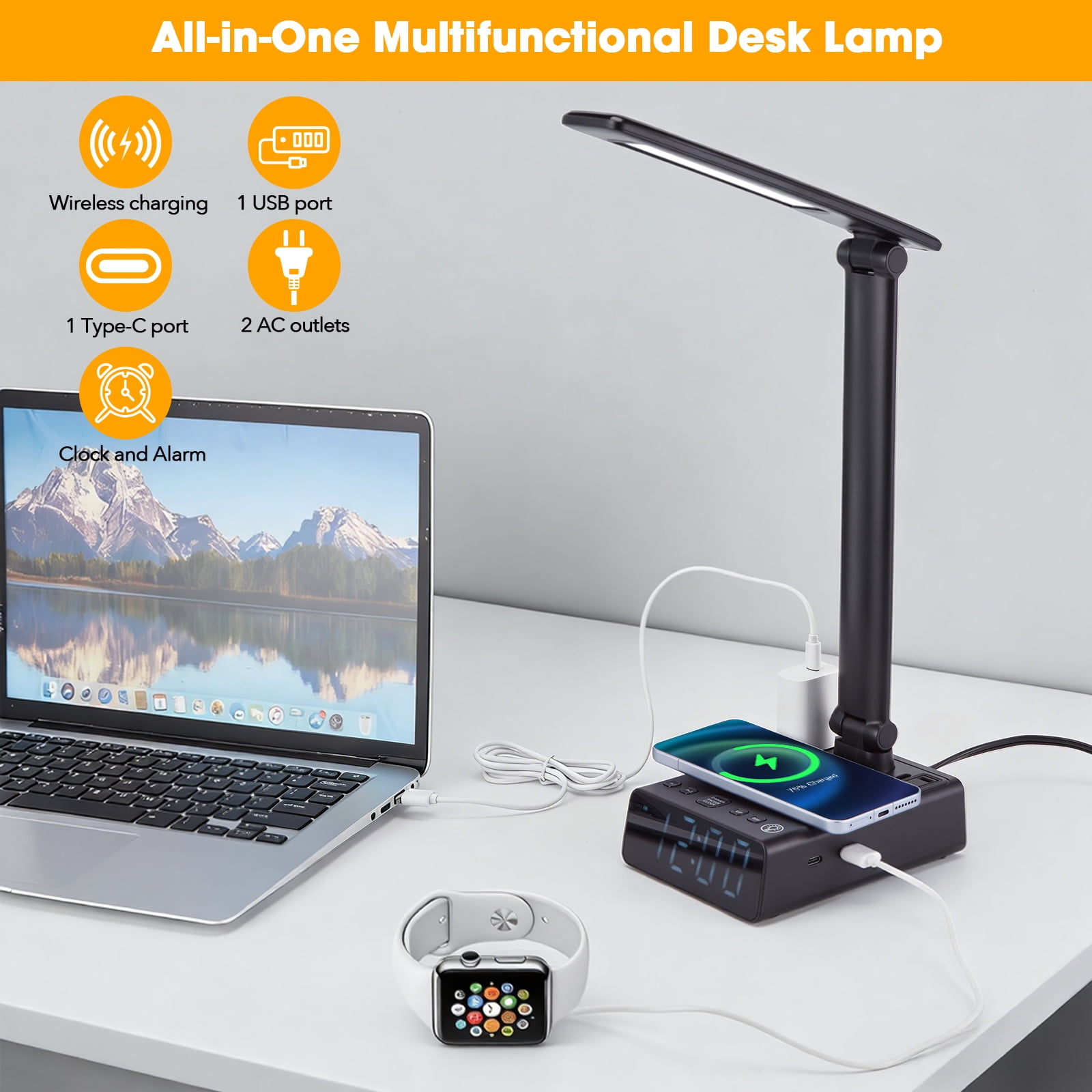 IMAGE LED Desk Lamp with Wireless Charging Pad and USB Port (Adjustable Brightness, Foldable Design) bbdtf