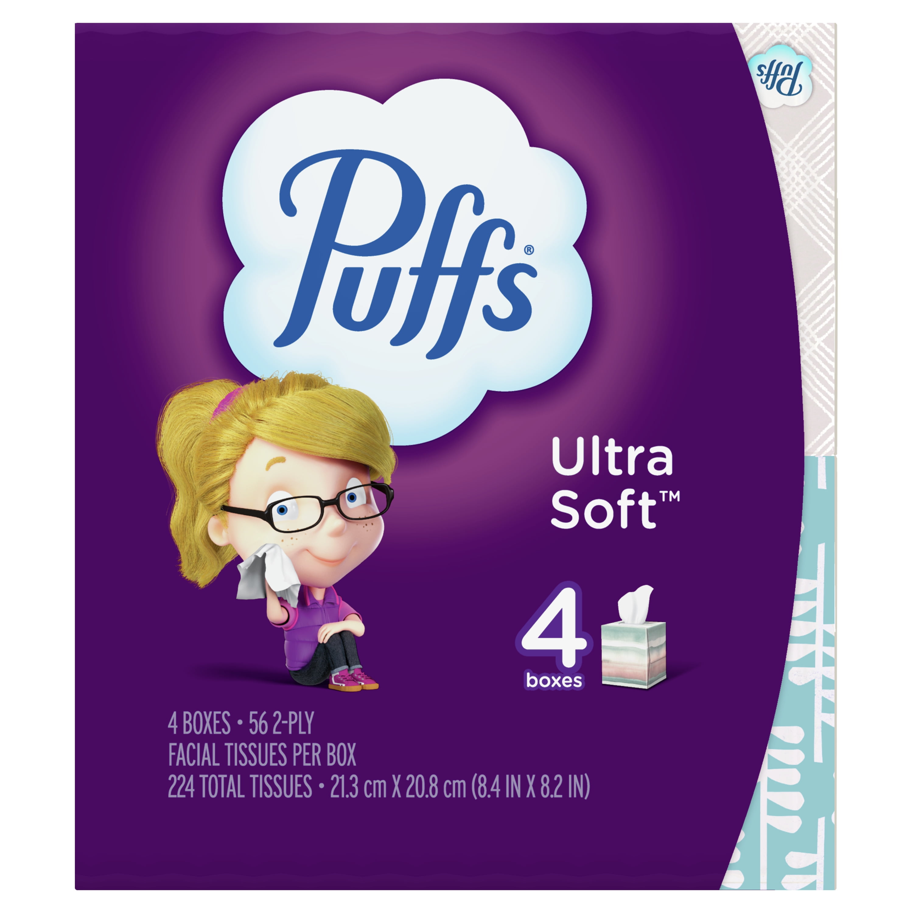 Puffs Ultra Soft Facial Tissues, Gentle Cushion-Soft Thickness (White, 4 Count, 224 Total Tissues) 5uzs6