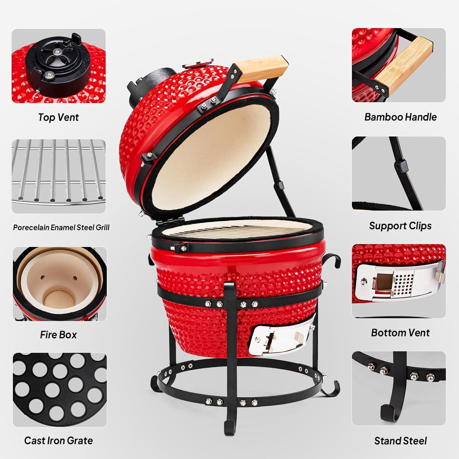 RovSun 13 in Ceramic Charcoal Grill, Portable Kamado BBQ Smoker for Outdoor Cooking (Red, 13 in) qgv4x