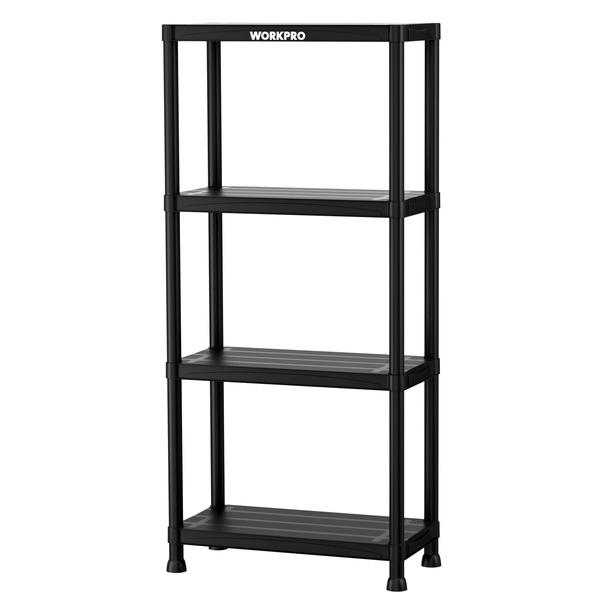 WORKPRO 4-Tier Plastic Storage Shelf, Heavy-Duty Utility Shelving Unit for Garage and Laundry Room (Black, 4-Tier) g6ri7