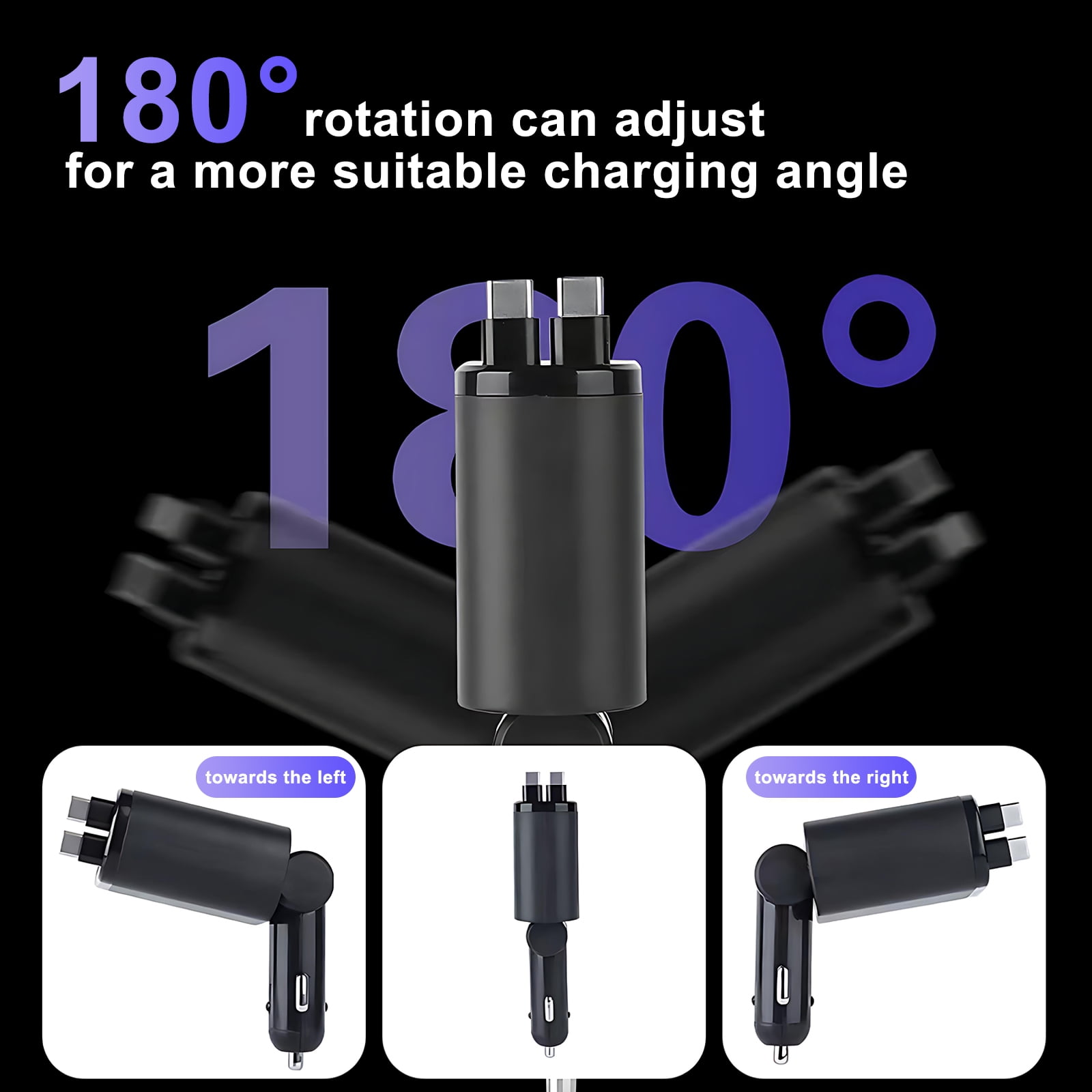 JcBlaon 66W Retractable Car Charger 4-in-1 Fast Charging Adapter with Voltage Monitor (Black, 5.5 x 2 x 1.29 in) sbwpr