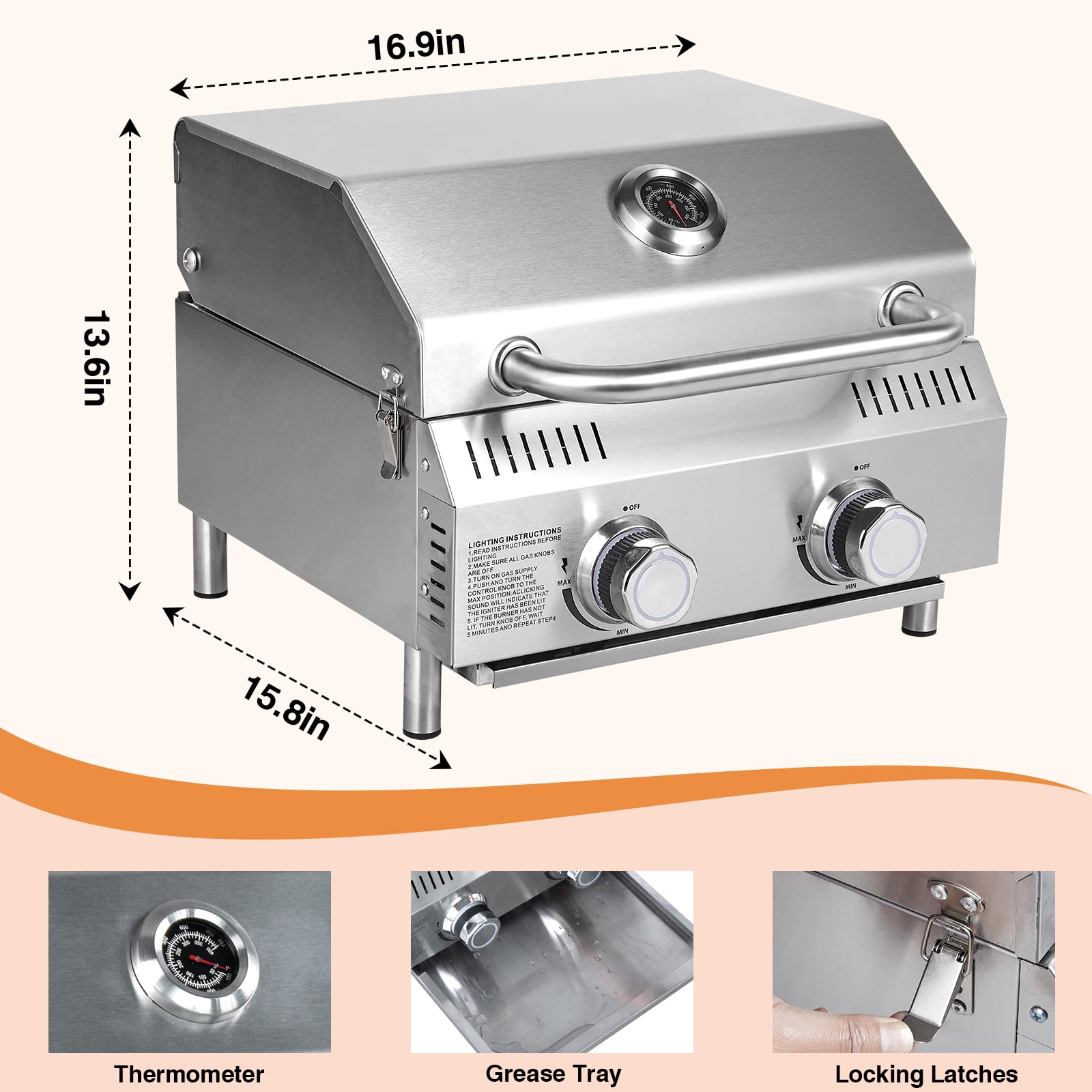 SIXDAYSOX 2-Burner Tabletop Gas Grill, 20,000 BTU Portable Propane Grill with Stainless Steel Grates (22 in x 20 in x 13 in) 3dhsy