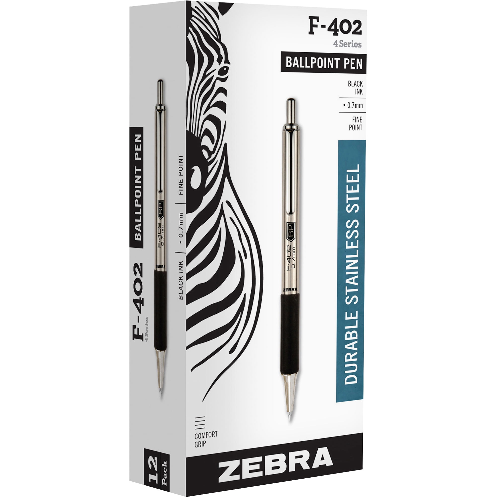 Zebra F-402 Retractable Ballpoint Pen, Stainless Steel Barrel, Professional Writing Instrument (Silver, 0.7 mm Fine Point) 90zel