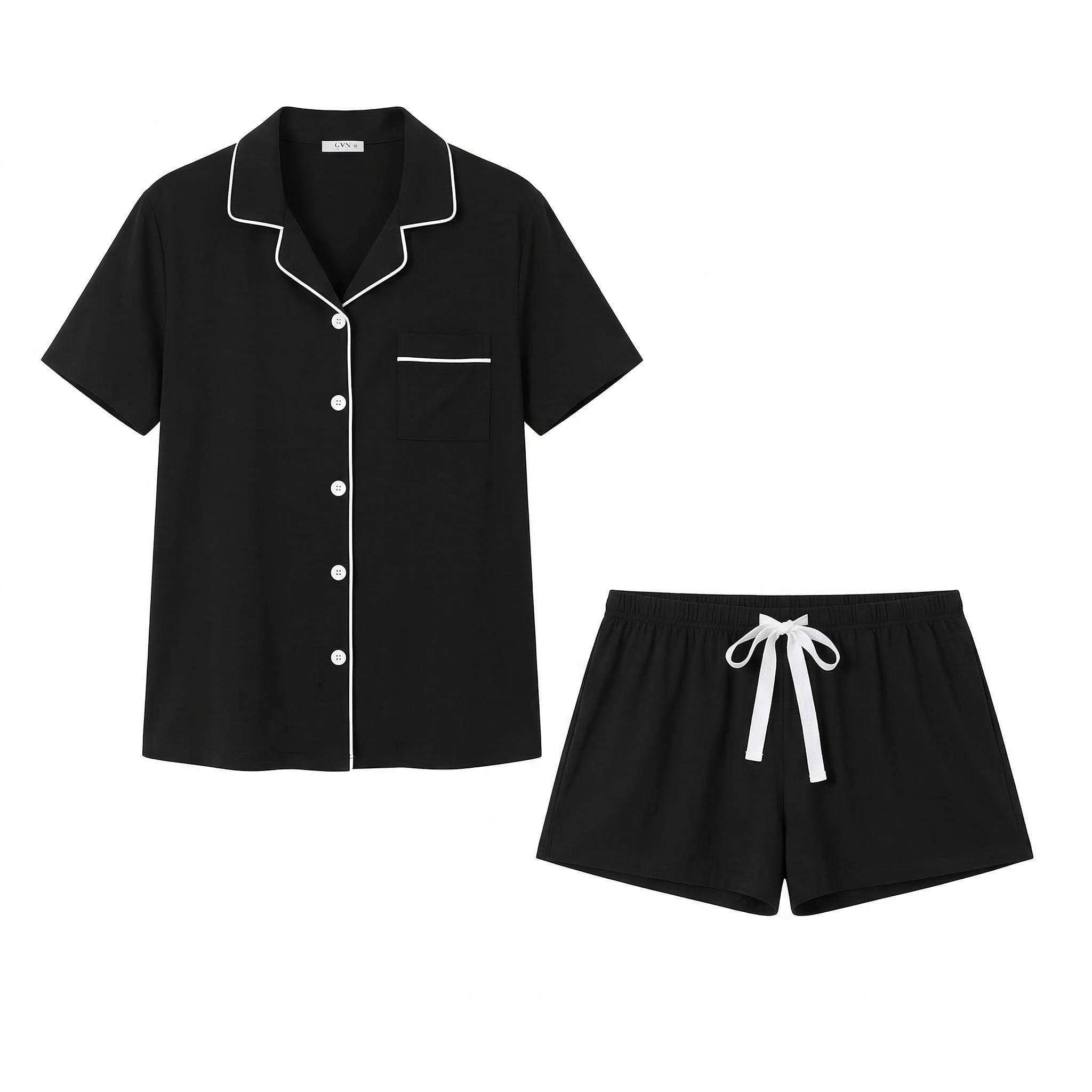 UVN Womens Pajama Set Button Down Short Sleeve Top and Drawstring Shorts Lounge Set (Black, S-3XL) ua1n3