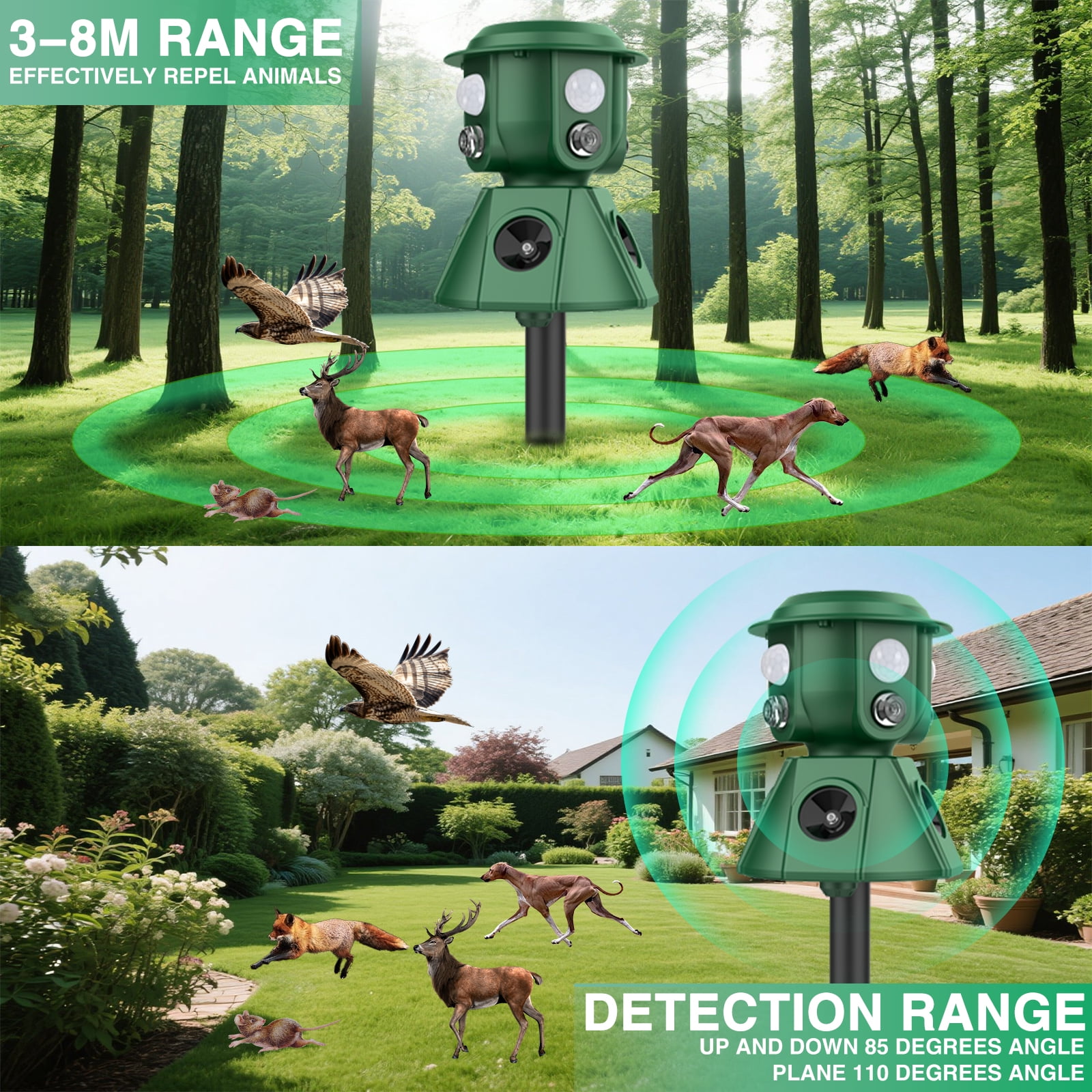 KingFurt Ultrasonic Animal Repeller 360 Degree Pest Control Device (Green, 1000mAh Battery) 2l84i