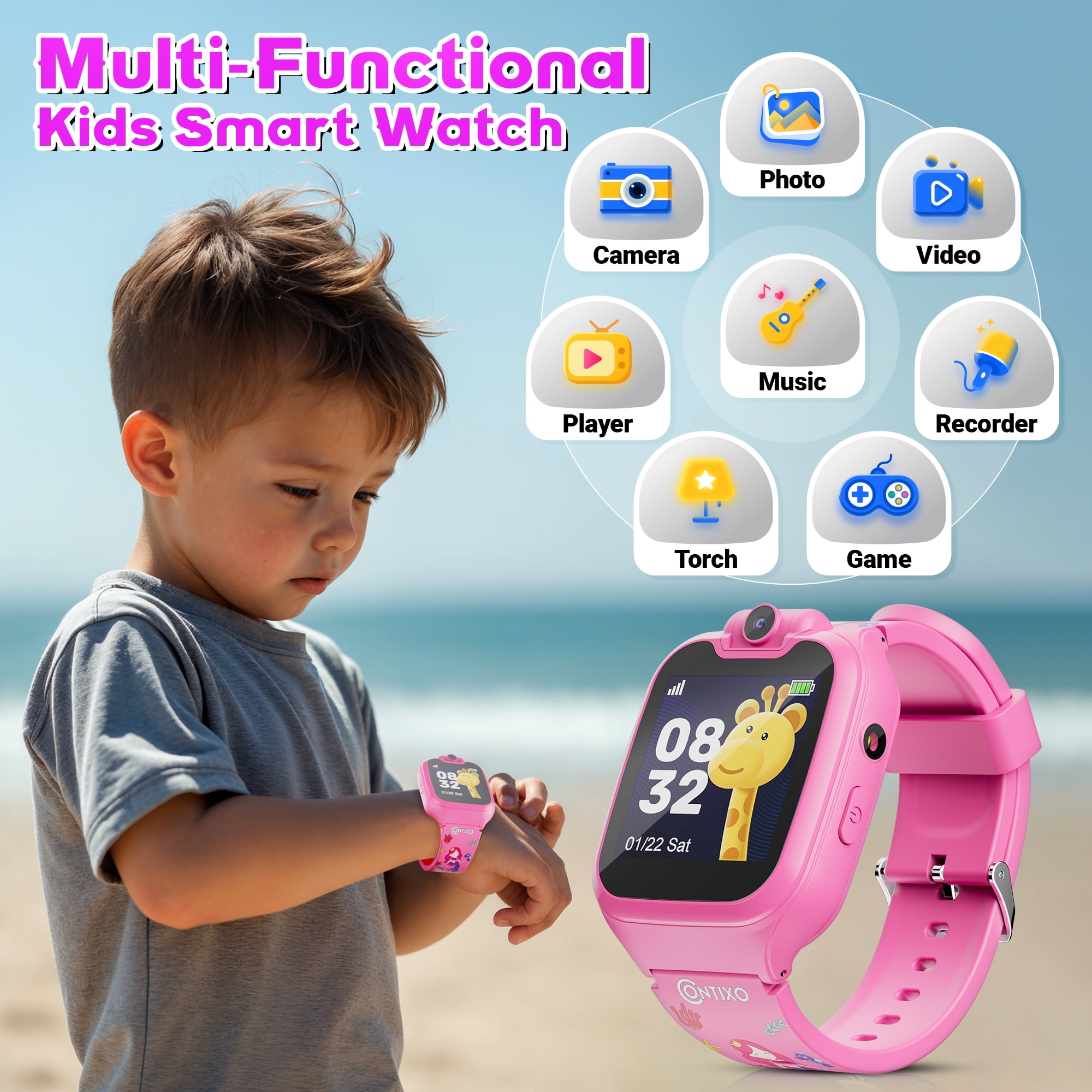 Contixo Kids Smart Watch with 1.54 in HD Touch Screen, Educational Learning Games and Rotating Camera (Pink) ubkxj