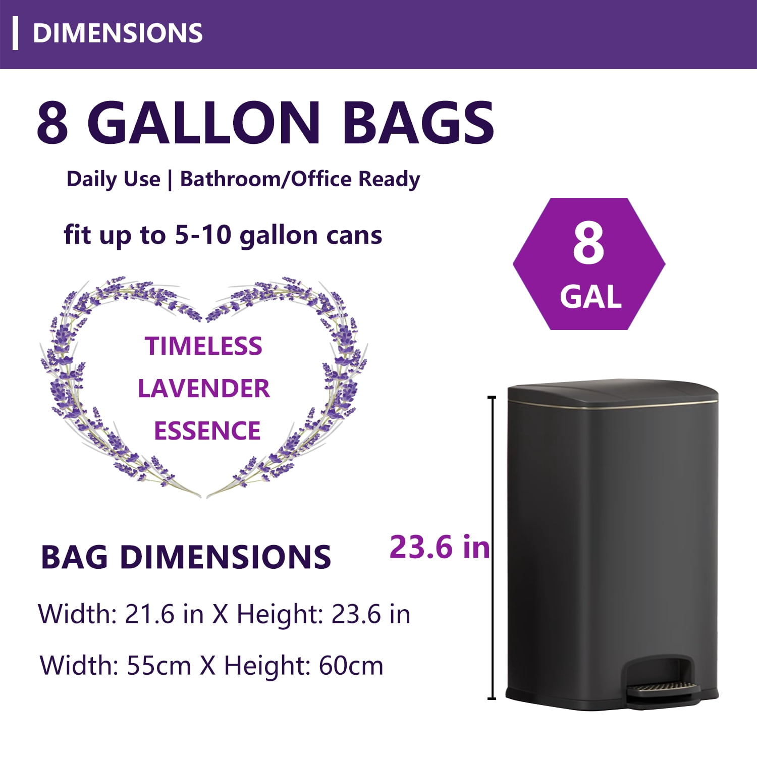 LORIBEN 8 Gallon Trash Bags with Lavender Scent, Tear Resistant Waste Liners for Kitchen and Bathroom (White, 100 Count) jurhw