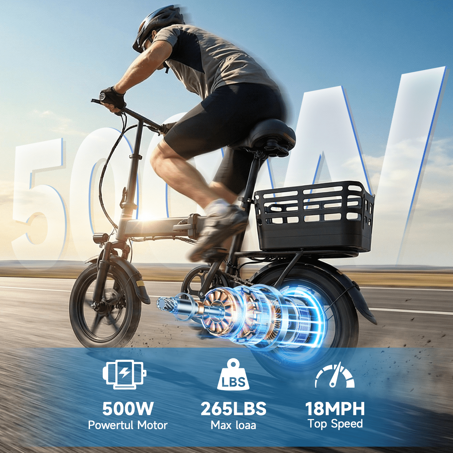 BroPath Folding Electric Bike for Adults, 500W Motor Commuter E-Bike with Rear Basket (Black, 14 in) dj06l